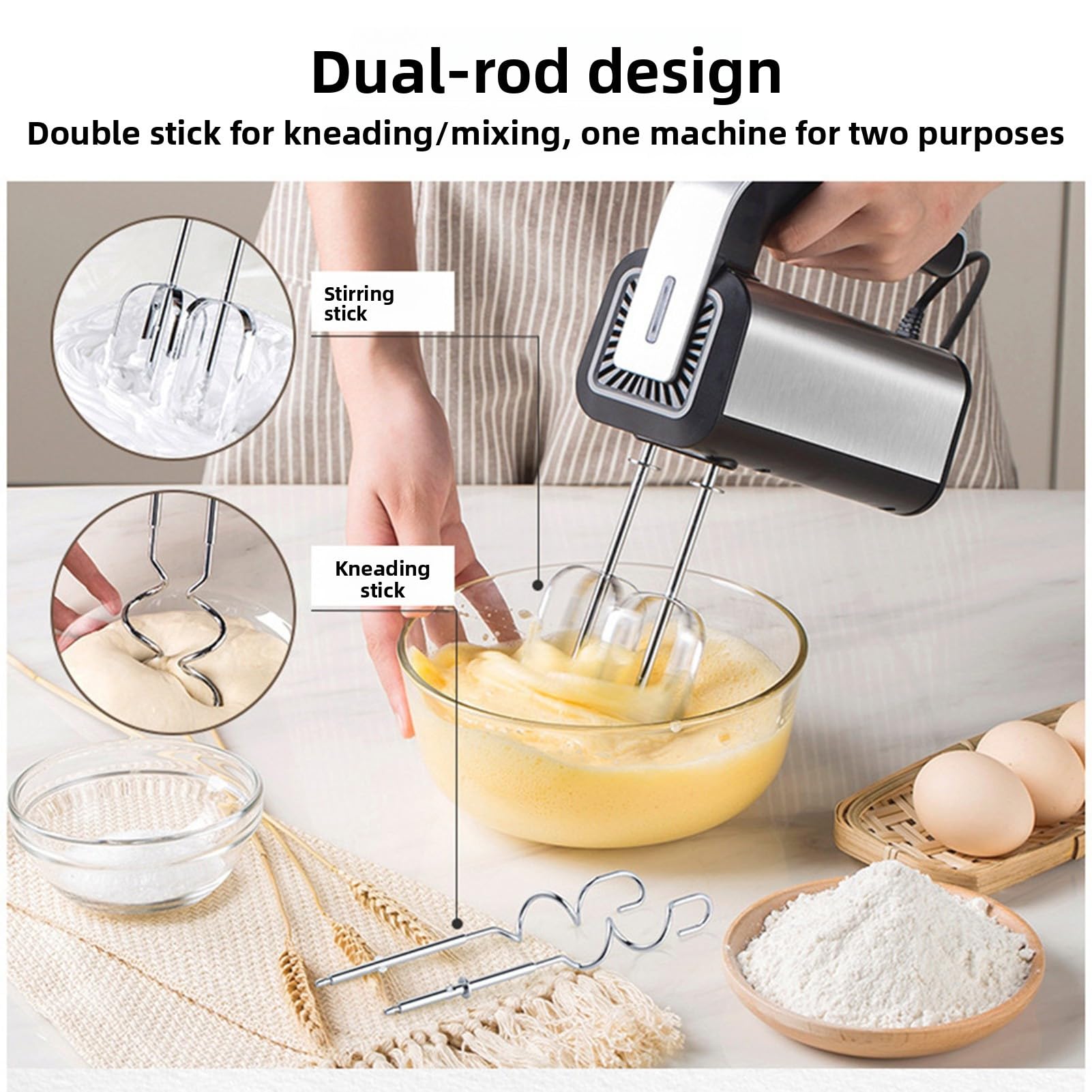 RIZGHWOY Sbattitore Elettrico, Sbattitore in Acciaio Inossidabile a 5 velocità Variabile per Cuocere Torte, Biscotti e Pasticcini (Spina UE 220-240 V)