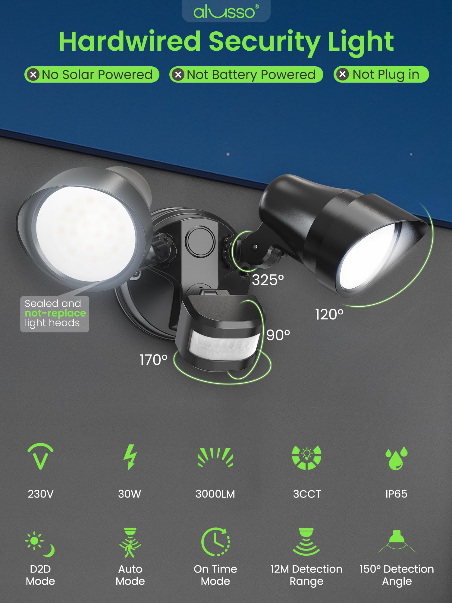 ALUSSO 30W 3000LM LED Strahler mit Bewegungsmelder Außen für Garage Hof | 3 Modi: Auto/Dusk to Dawn/Manual Override, CCT: 3000K Warmweiß/4000K Neutralweiß/6500K Kaltweiß, Schutzart IP65, Doppelköpfig