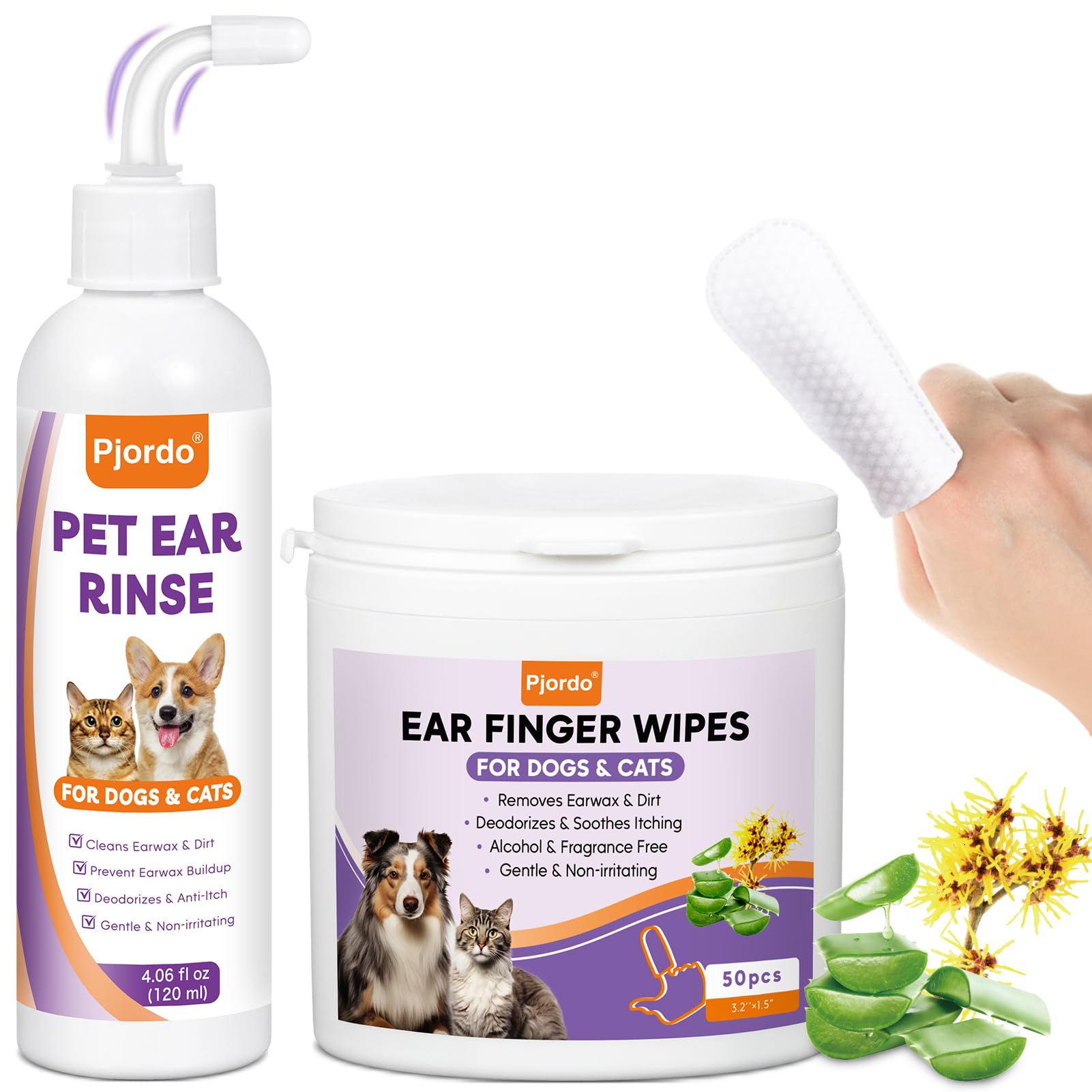 Pjordo Dog Ear Cleaner Kit, Dog Ear Finger Wipes and Ear Cleaner Solution for Dogs and Cats Gently Remove Ear Wax & Debris