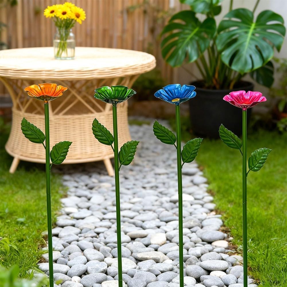 Confezione da 4 paletti in metallo per mangiatoie per fiori, in ferro resistente alla ruggine, con supporti a forma di fiore, per uso esterno, alimentazione per uccelli e api (quattro