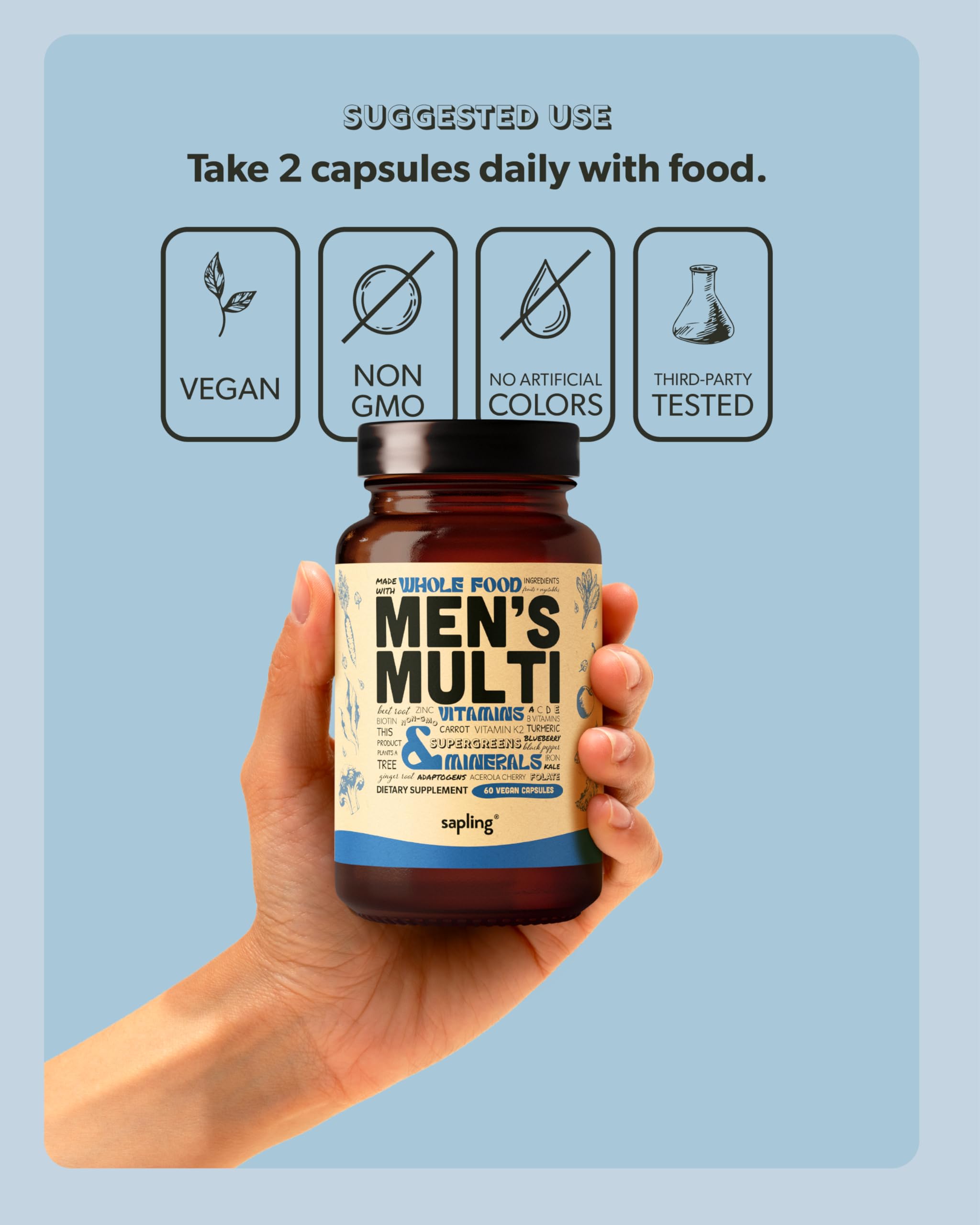 Multivitamin for Men - Daily Men’s Multivitamin - Methylated B Complex with Whole Food Ingredients, Vitamin B12, Folate, A, C, D3, E, K2, Organic Fruits & Vegetables - Vegan, Non-GMO - 60 Caps — Amazon image 5