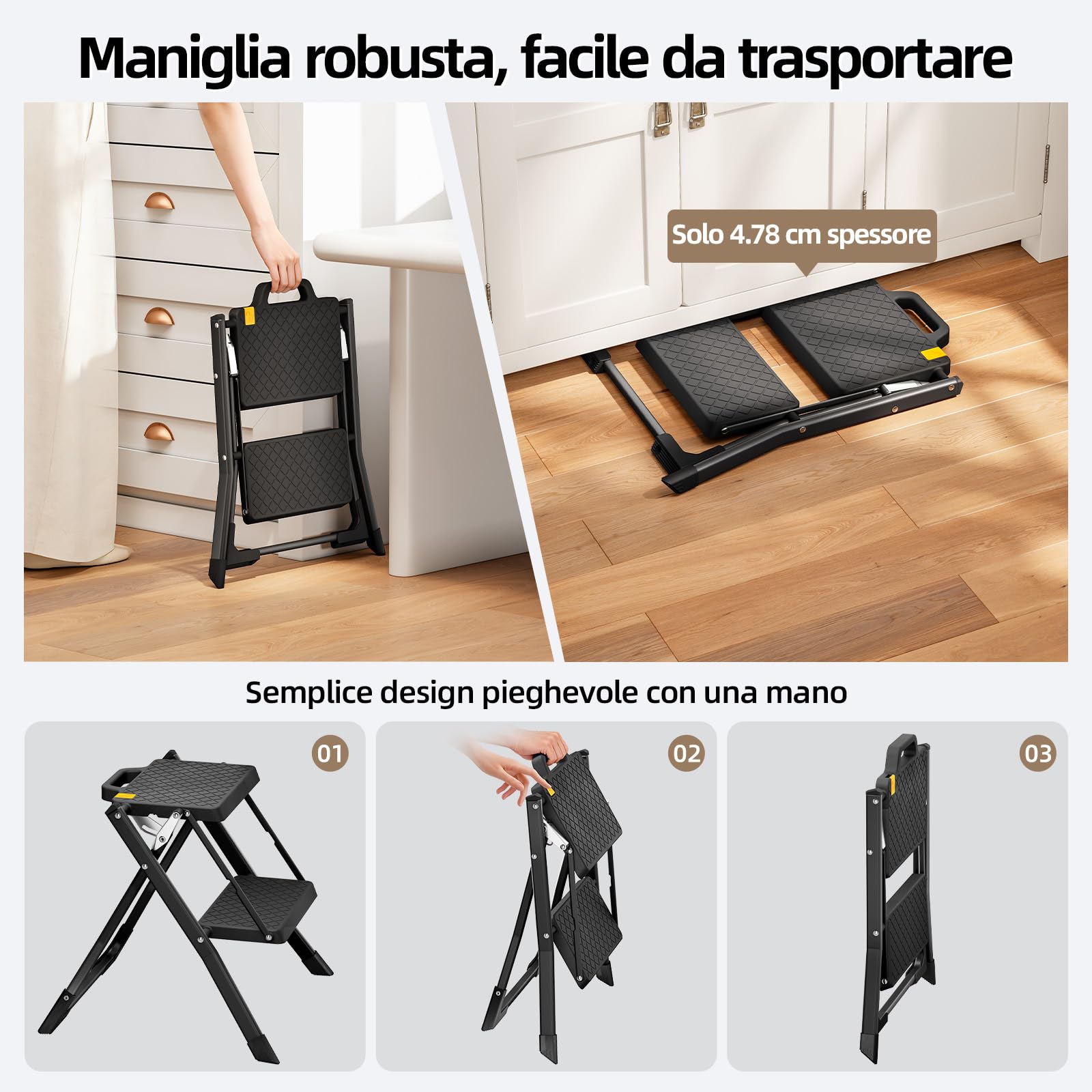 Urackify Scaletta 2 Gradini, Scalino Pieghevole con Pulsante di Sblocco | Sgabello con Pedana Antiscivolo, Leggero in Acciaio per Casa, Cucina, Camper, Roulotte, Portata fino a 150 kg, Nero