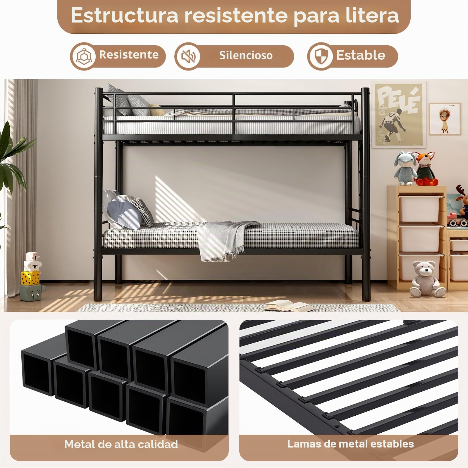 Litera de Metal de 90 x 200 cm, litera Juvenil con Escalera, Convertible en Dos Camas Individuales, Camas Altas para Adultos con somier y Barra de Seguridad para Dormitorio