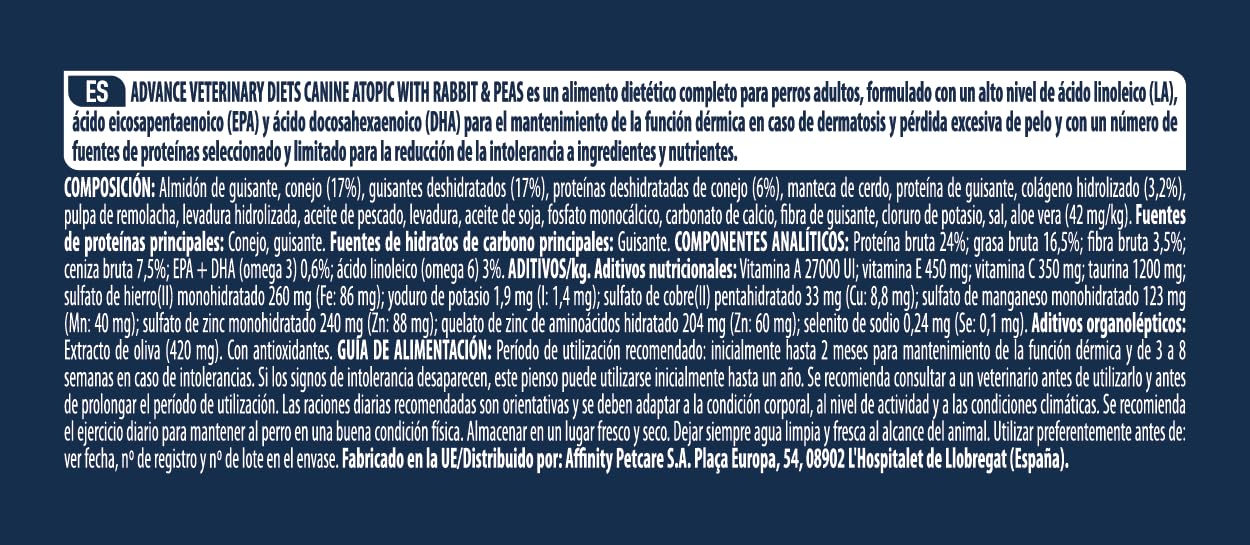 Advance Veterinary Diets Atopic Medium & Maxi - Pienso para Perros con Dermatitis atópica con Conejo - 12kg