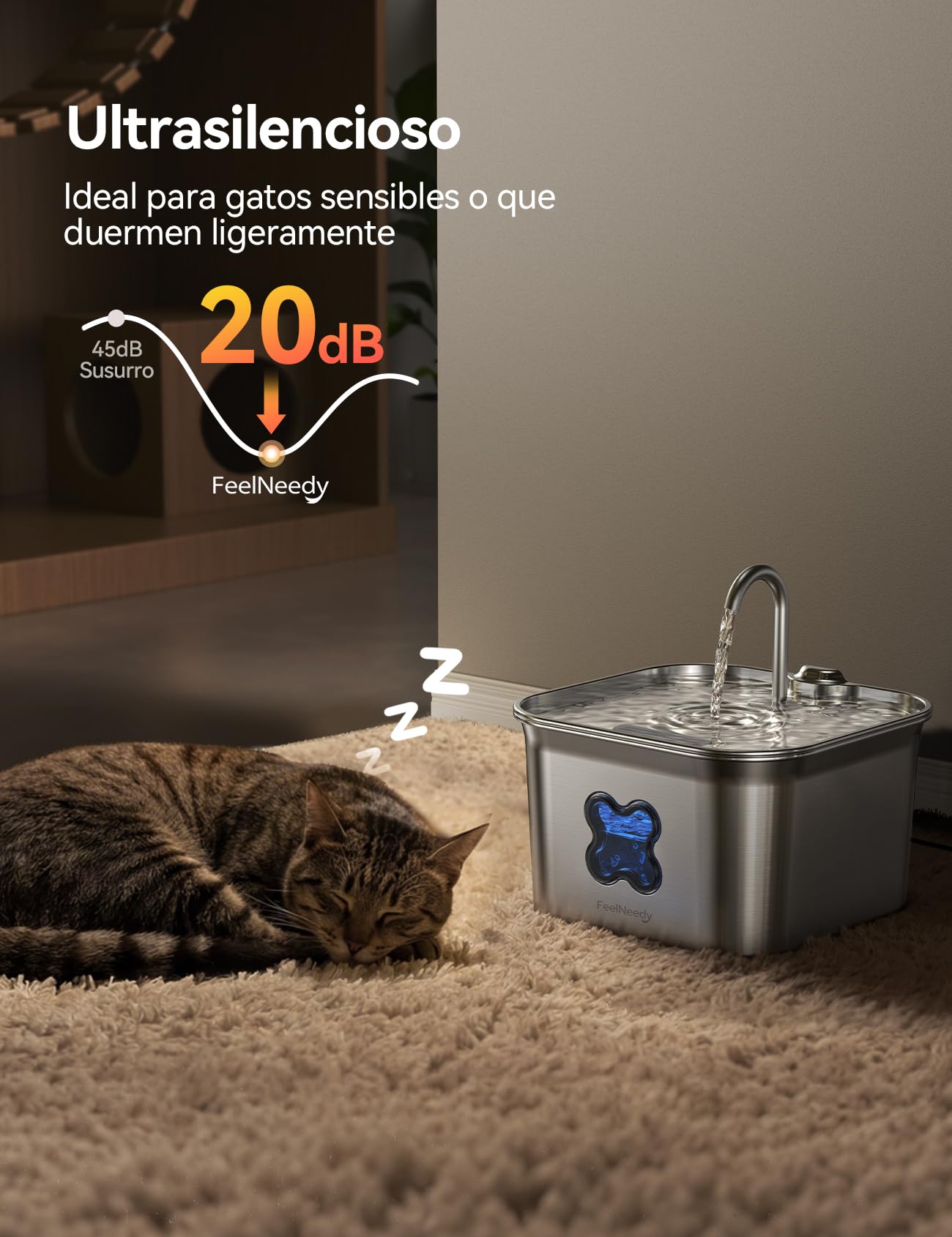 FEELNEEDY Fuente para Gatos Acero Inoxidable 2,8L, Bebedero Gatos con Cable y Filtración de Cuatro Capas, Fácil de Limpiar, Apta para Lavavajillas