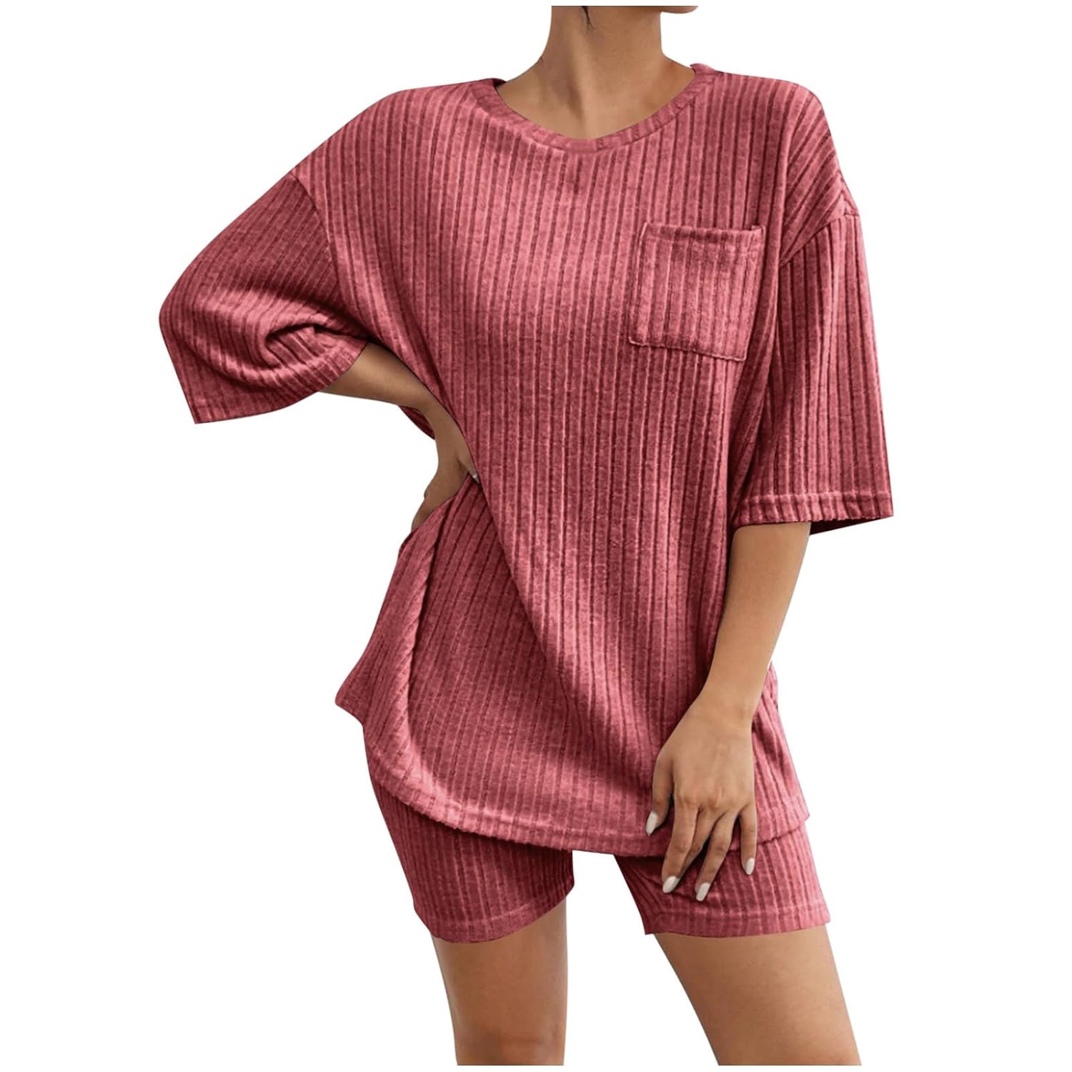 Pajamas for Women Ribbed Knit Lounge Set 2 Piece Pjs Short Sleeve Tops and Shorts Matching Loungewear with