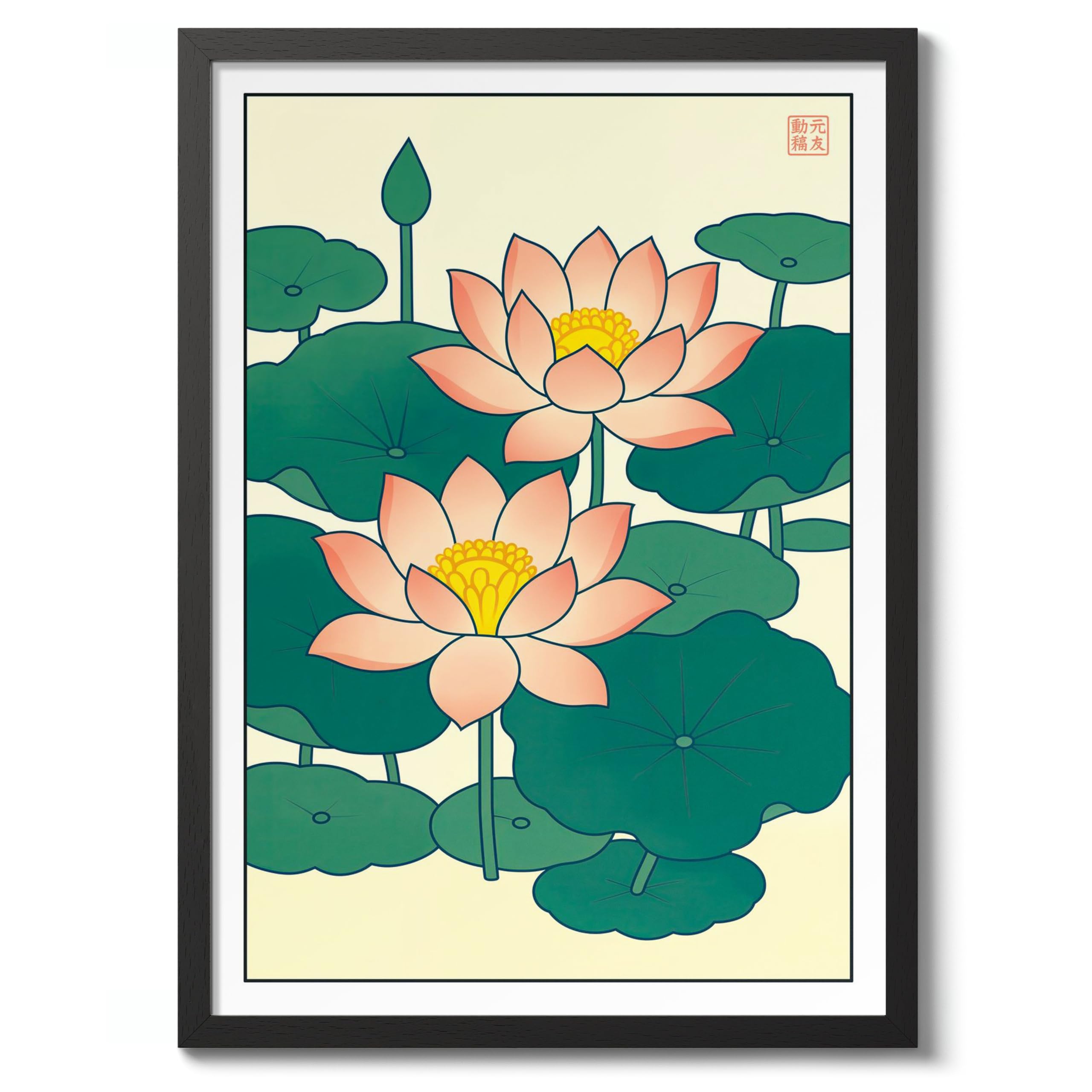Lotus Flowers Poster, Vintage Woodblock Anime Poster, Japanese Travel Style Wall Art, A5 (Black Frame) - 24.1x17.9cm
