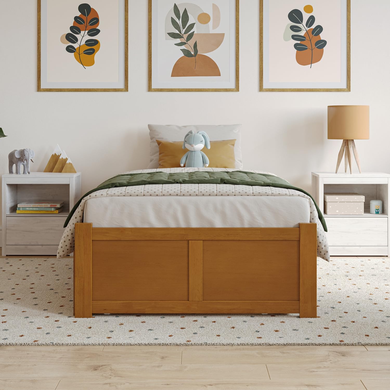 HomeStock Medieval Majesty Twin Solid Wood Platform Bed with Footboard & Twin Trundle in Light Toffee
