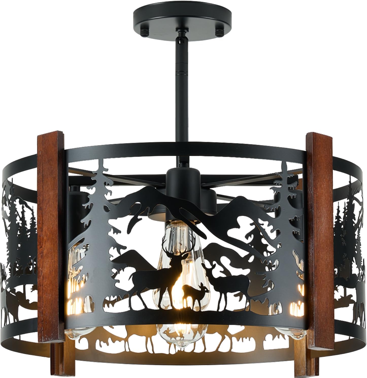 Farmhouse Rustic Deer Ceiling Light Fixtures, 4-Light Round E26 Base Adjustable Black Metal Wooden Fixture for Kitchen, Living Room, Foyer, Bedroom, Hallway-‎16.5" L* 16.5" W * 11.8" H