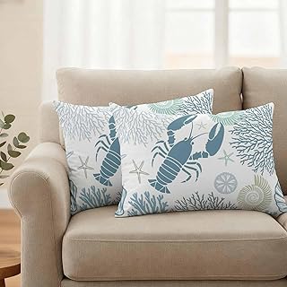 Ocean Teal Blue Lobster Coral Starfish Waterproof Throw Pillow Covers Set of 2 Coastal Marine Life Outdoor Cushion Cover Pillow Protector Decorative Pillowcases for Bed Sofa Couch
