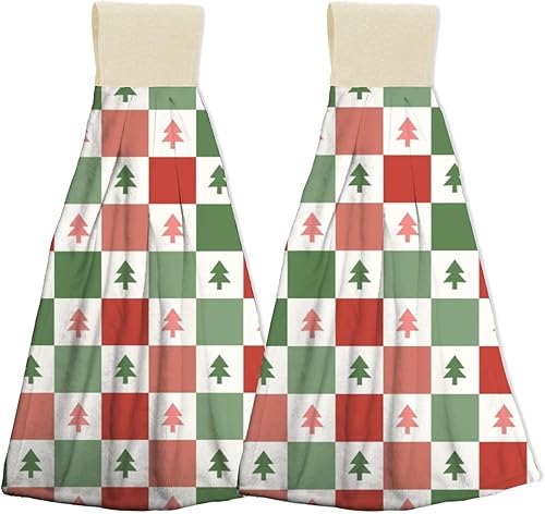 Cute Retro Vintage Christmas Fast Drying Kitchen Hand Towels with Hanging Loop, Soft Kitchen Decor Hand Towel Set Absorbent Coral Velvet Dish Cloth