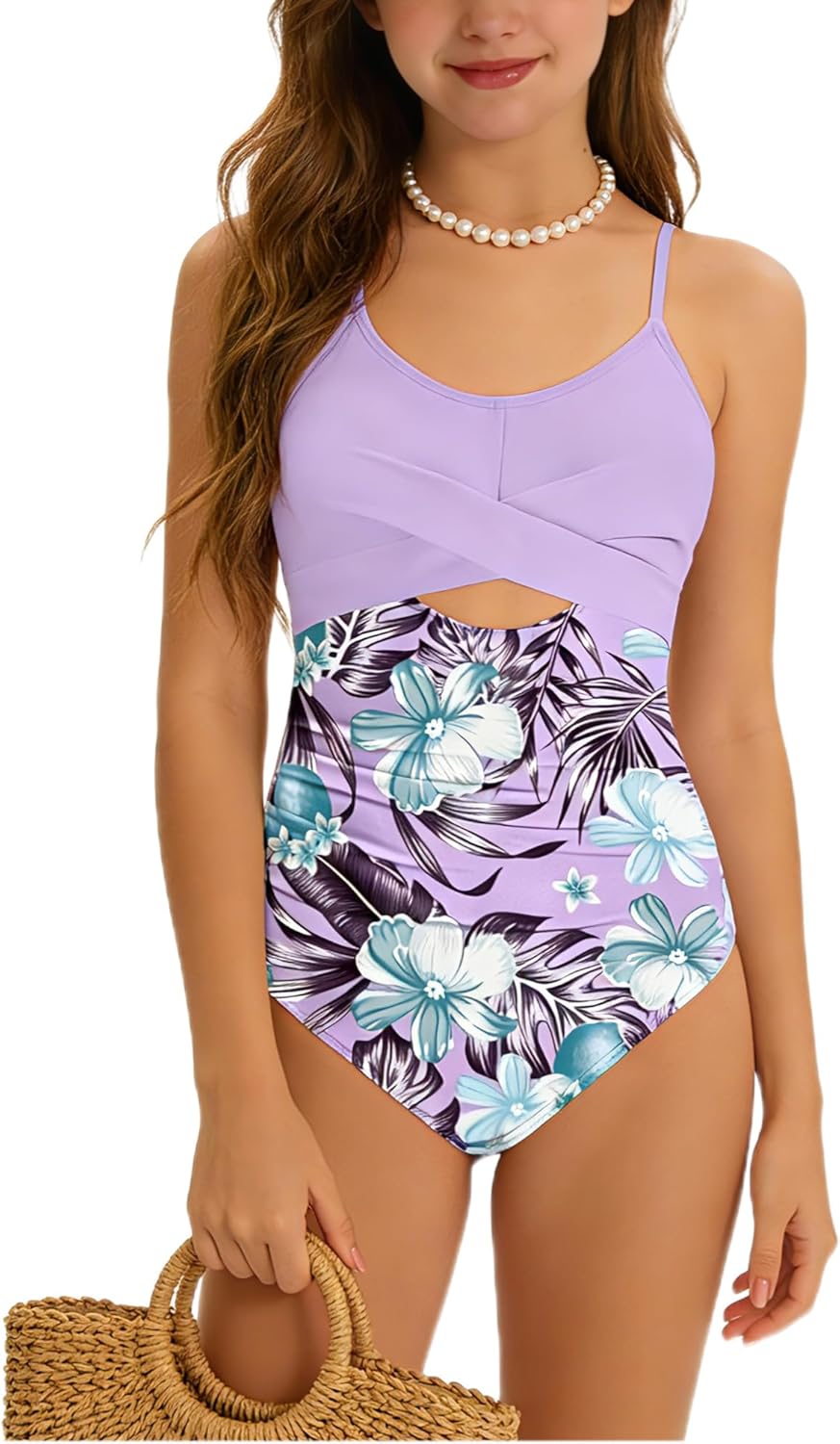 Girl Swimsuit One Piece Bathing Suit Cutout Adjustable Straps Padded High Waisted Girls Swimwear 9-16y