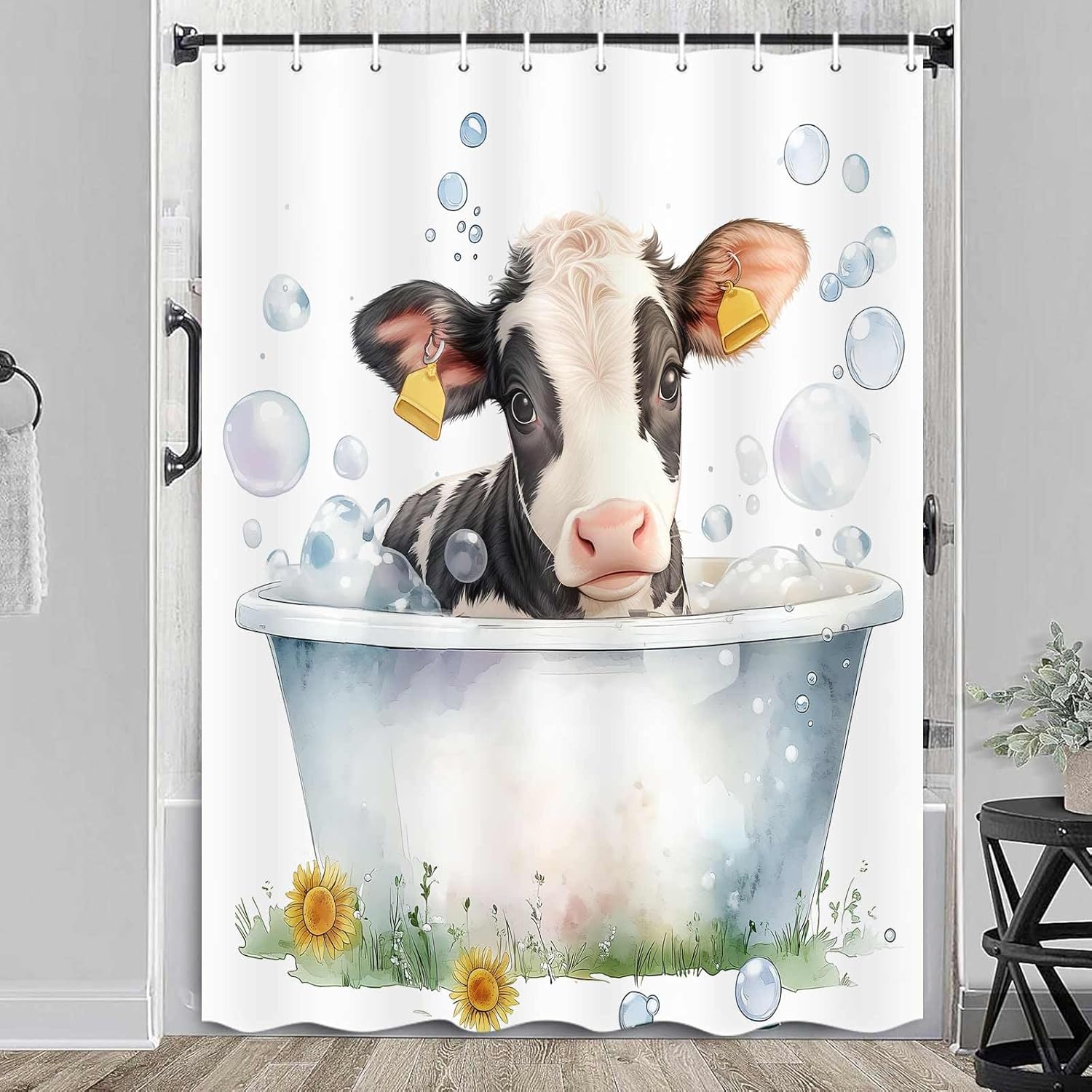 Funny Cow Shower Curtain,Farmhouse Black White Cow Print Bubbly Bathtub Sunflower Bathroom Shower Curtains. with Hooks Polyester Bath Curtain,71X84 Inch.