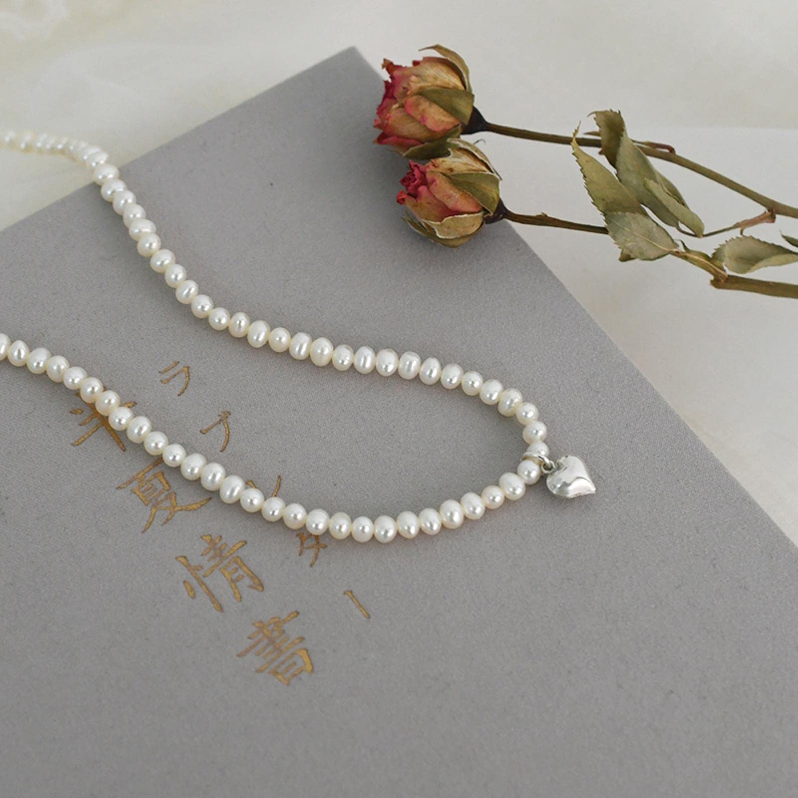 LOKILOKI Collar De Corazón De Plata De Ley 925 con Perlas De Agua Dulce Natural para Mujer, Regalo, Joyería Clásica