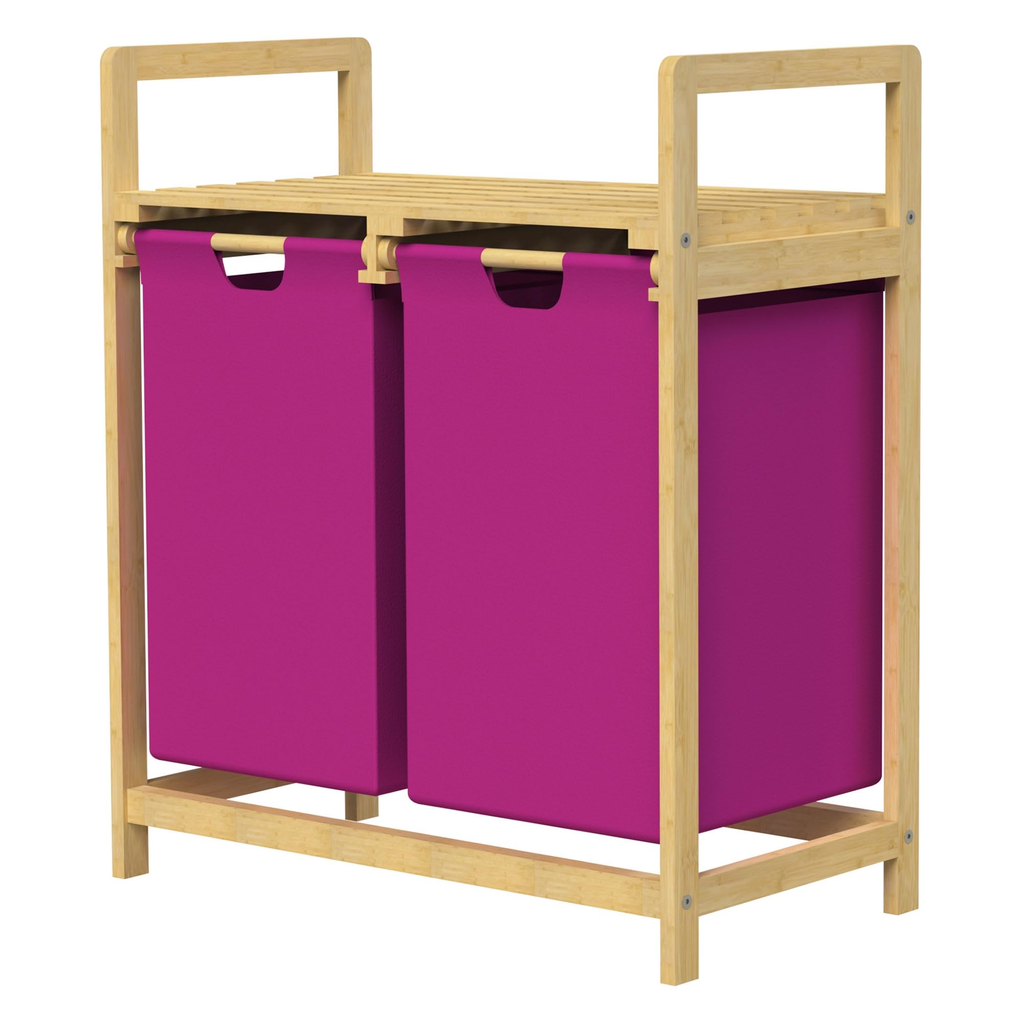 ML-Design Wäschekorb 2 Fächer, Bambus, Wäschesammler mit Ablage, Wäschesortierer 2x 30L, Wäschesäcken aus Oxford-Gewebe, ausziehbar/abnehmbar, Wäschebox mit Regal für Badezimmer & Waschküche, Magenta