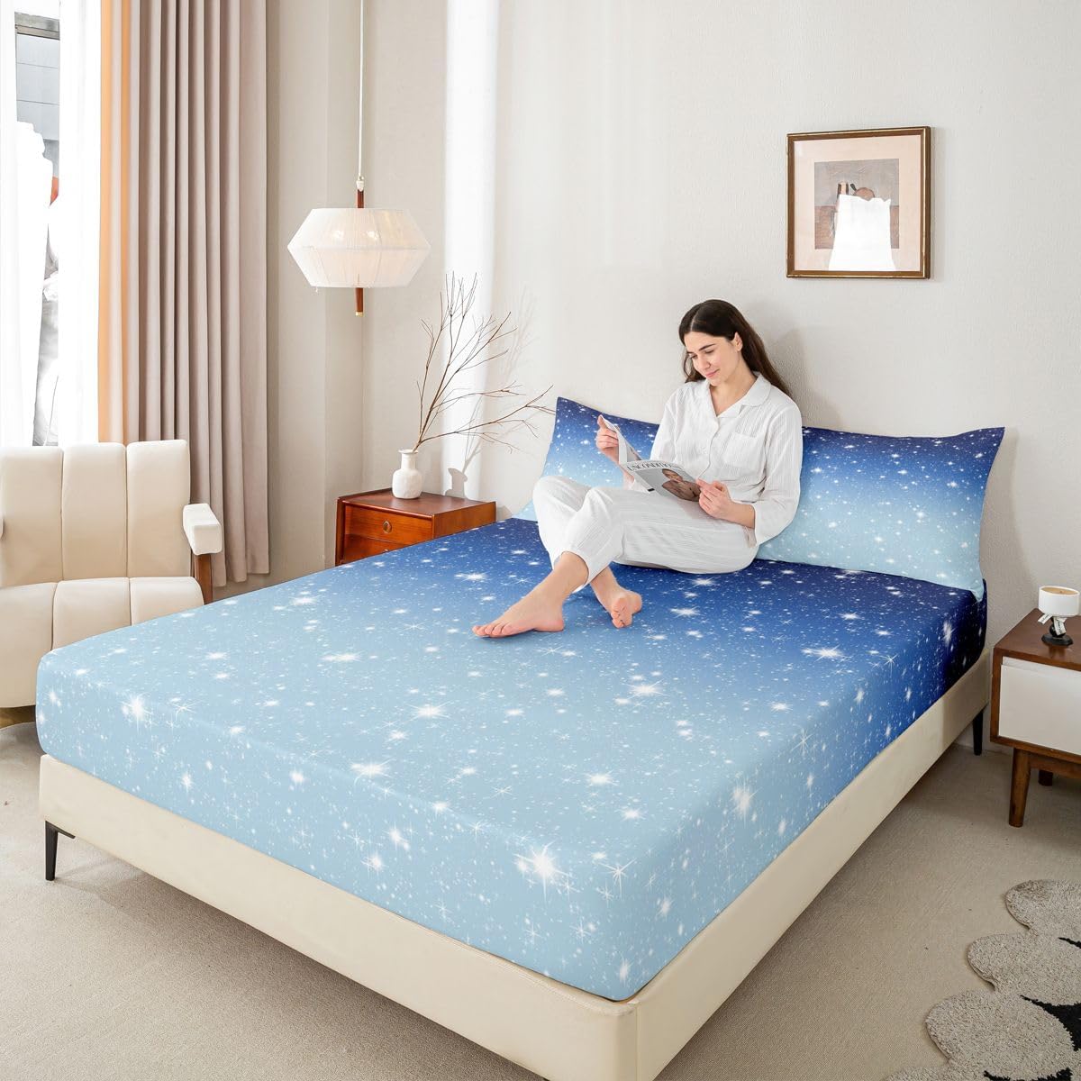Erosebridal Blue Galaxy Bed Sheets Twin Pastel Dark Blue Ombre Bedding Set,Navy Blue Ombre Fitted Sheet for Kids Boys Girls Teens Bedroom Dorm,Sparkle Glitter Stars Bedding Sets 1 Pillow Case