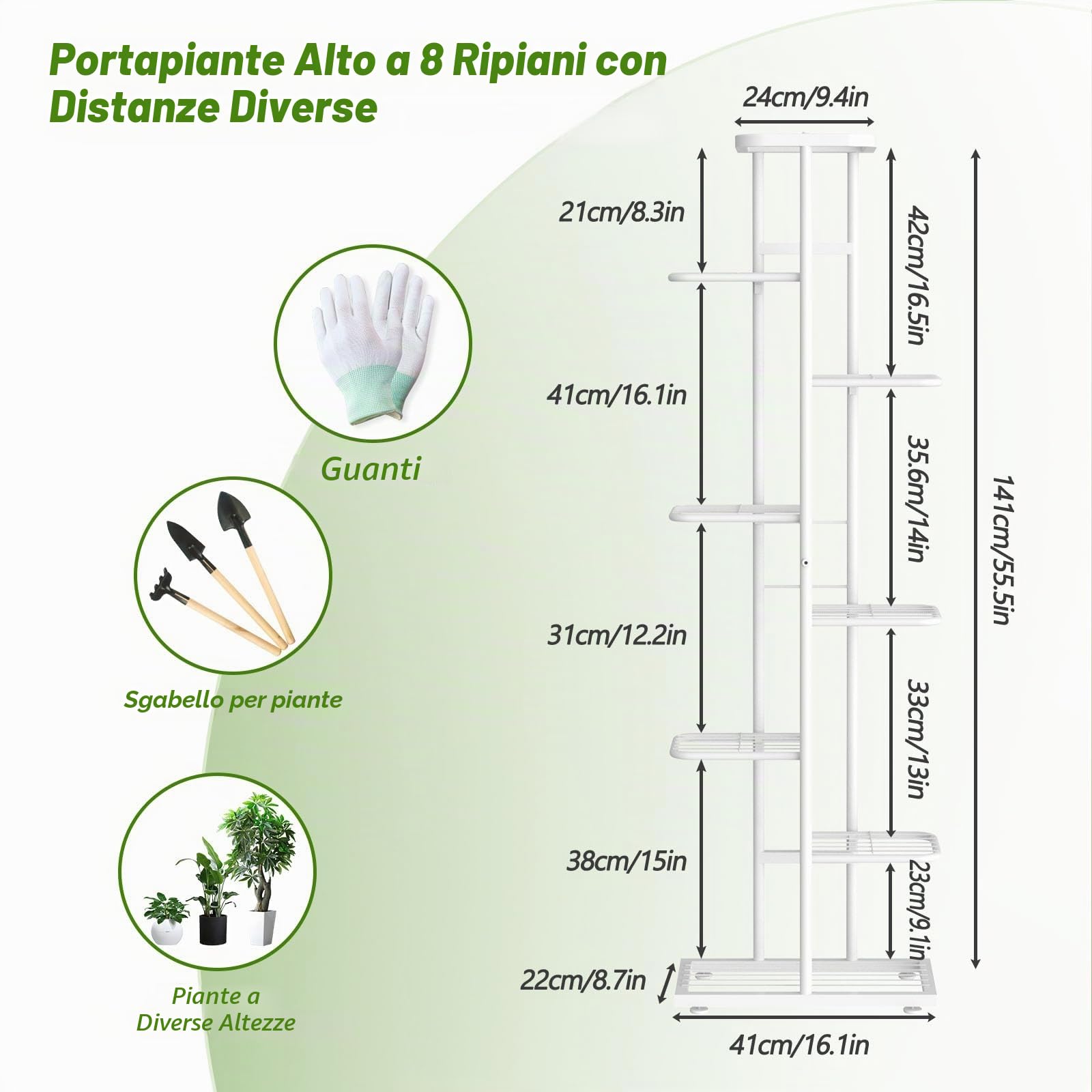 8 Livelli Porta Piante da Interno Esterno con Attrezzi da Giardino e Guanti, 141cm Supporto per Piante Fioriera in Metallo Scaffale Angolare Piedistallo per Piante Vasi da Balcone, Bianco