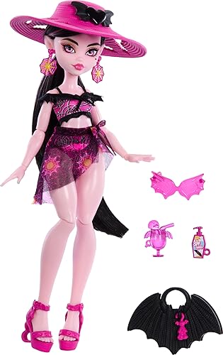 Monster High Scare-adise Island Draculaura Muñeca con traje de baño, pareo y accesorios de playa como sombrero, protector solar y bolsa