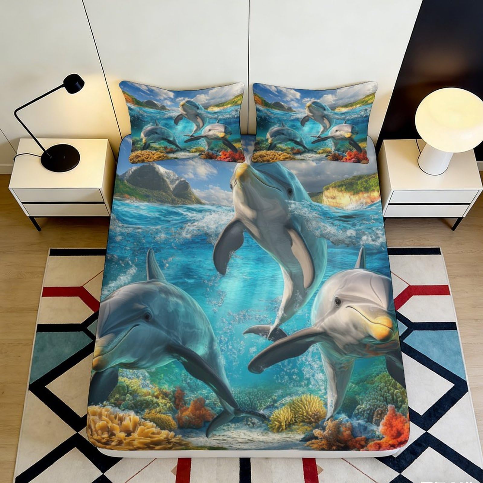 3D Printed Ocean Dolphin Fitted Sheet Microfiber Soft Breathable Underwater World Mattress Cover for Bedroom Dorm Bed Decor 90x200x25cm