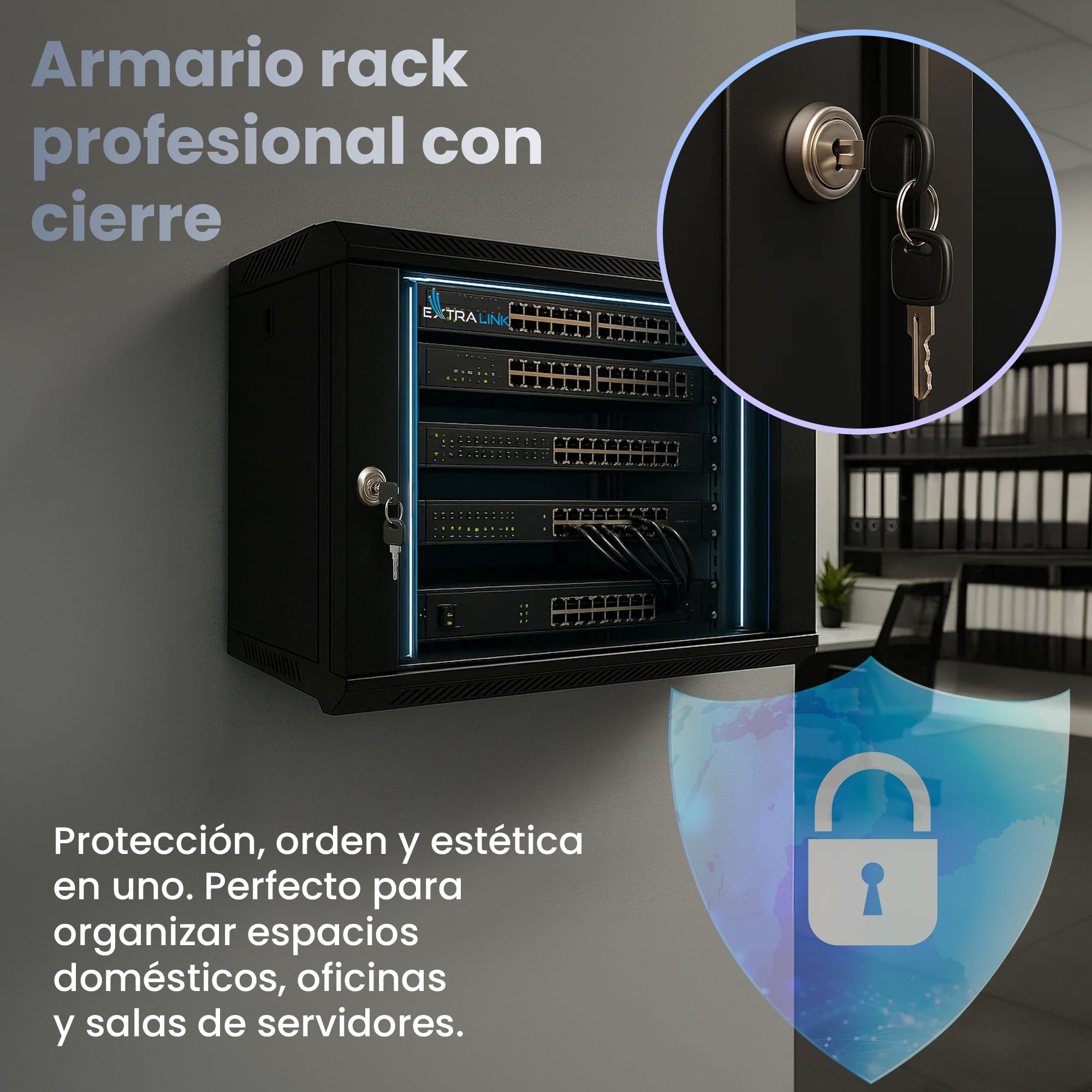 Extralink Armario Rack de 19" 6U - Armario de Red de 400 mm, Estante Incluido, Montaje en Pared o Suelo, hasta 60 kg, Apertura de 180°, Negro - para Red doméstica y Equipos informáticos