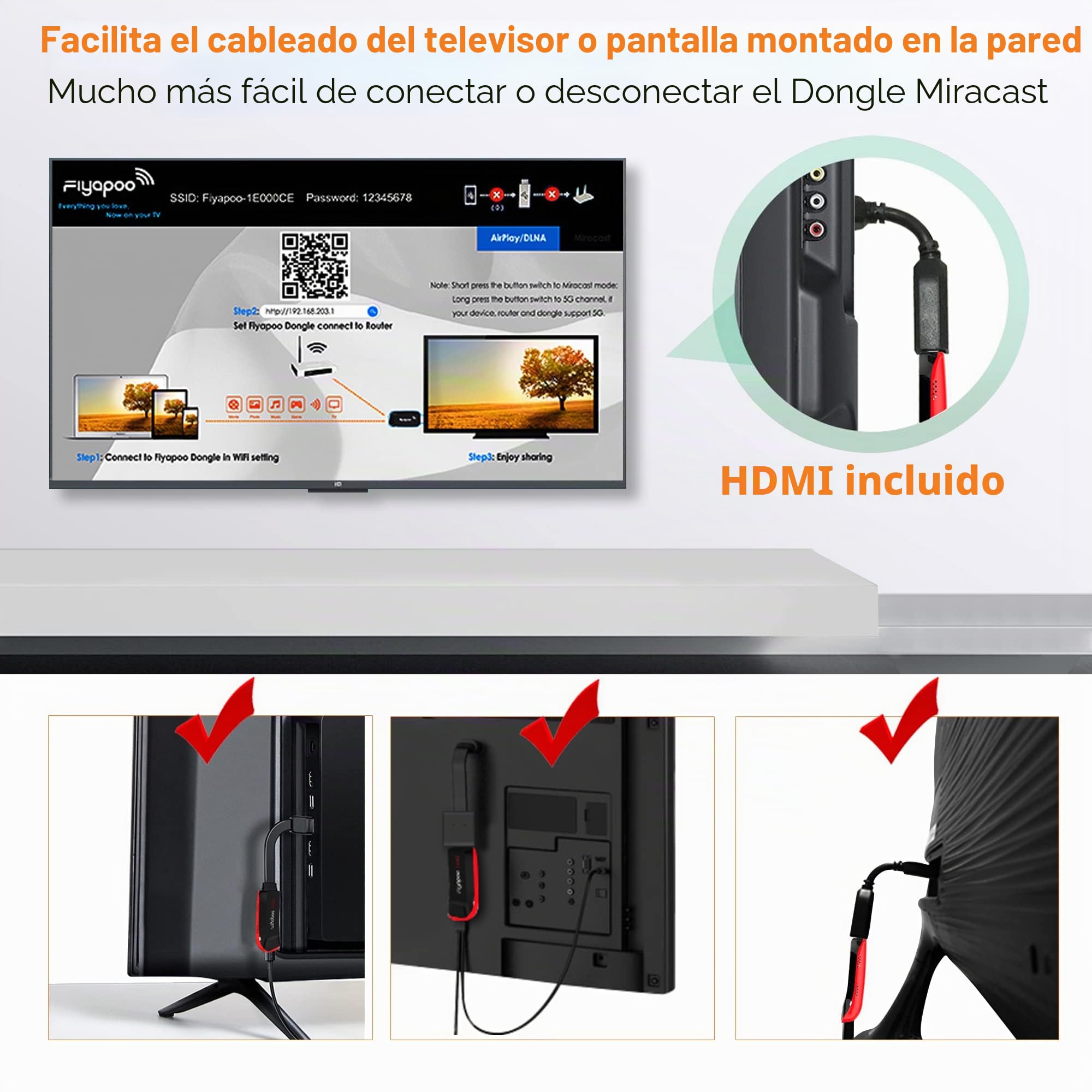 Miracast Dongle con Pantalla inalámbrica 4K, Adaptador WiFi HDMI para duplicación de Pantalla Desde teléfono/Pad a TV/proyector, Compatible con DLNA AirPlay Chromecast y Netflix