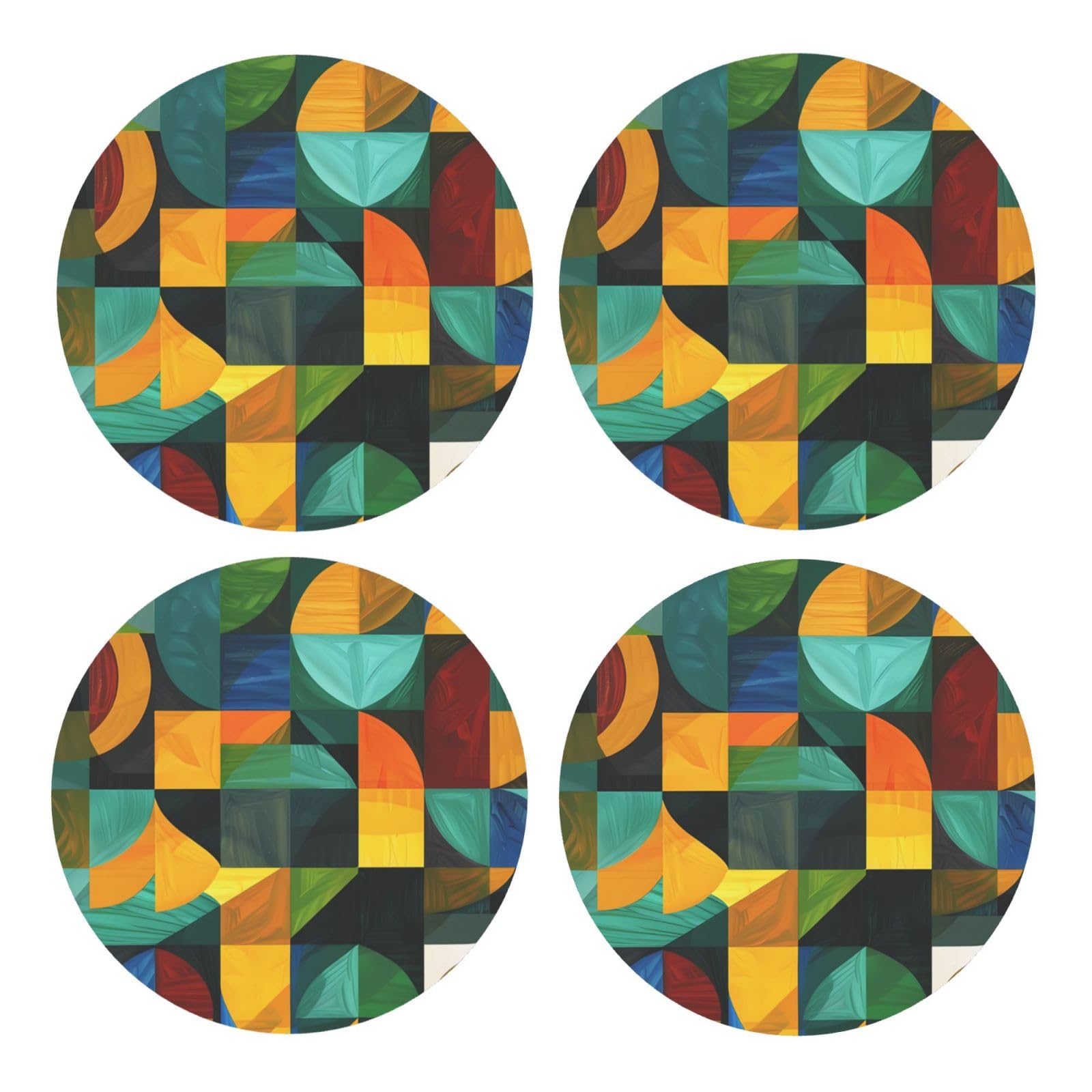Bedbliss Geometric Printed rounded Coasters For Drinks Absorbent, 4 Pack Tea Coffee Wooden Coaster Set, Lightweight And Heat-Resistant Coasters With Cork Base For Protection Home