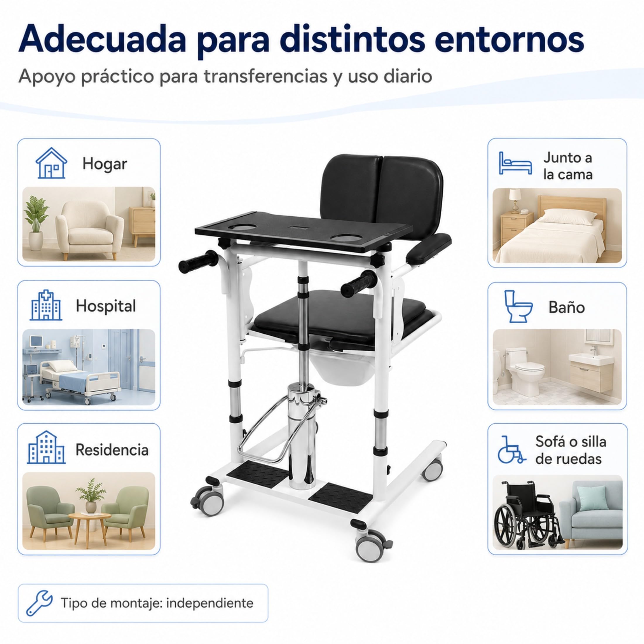 Elevador hidráulico para pacientes, silla de transferencia, 150 kg, altura regulable, silla de ducha con ruedas, silla para inodoro, asiento plegable de 180°, 4 ruedas de freno con bandeja + orinal