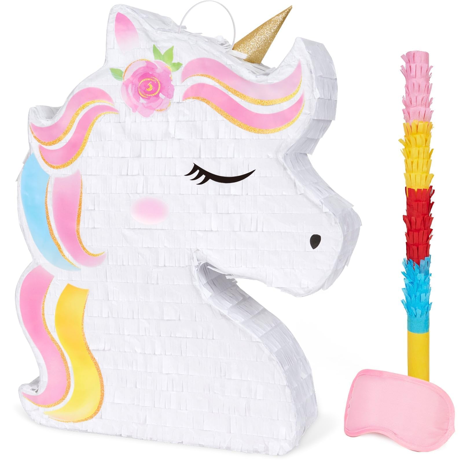 WERNNSAI Einhorn Pinata - Geburtstag Piñata Mädchen Kindergeburtstag Deko Einhorn Piñata mit Augenbinde Schlagstock Rosa Regenbogen Geburtstagsparty Dekorationen Partspiel Zubehör (40 x 31 x 8 cm)