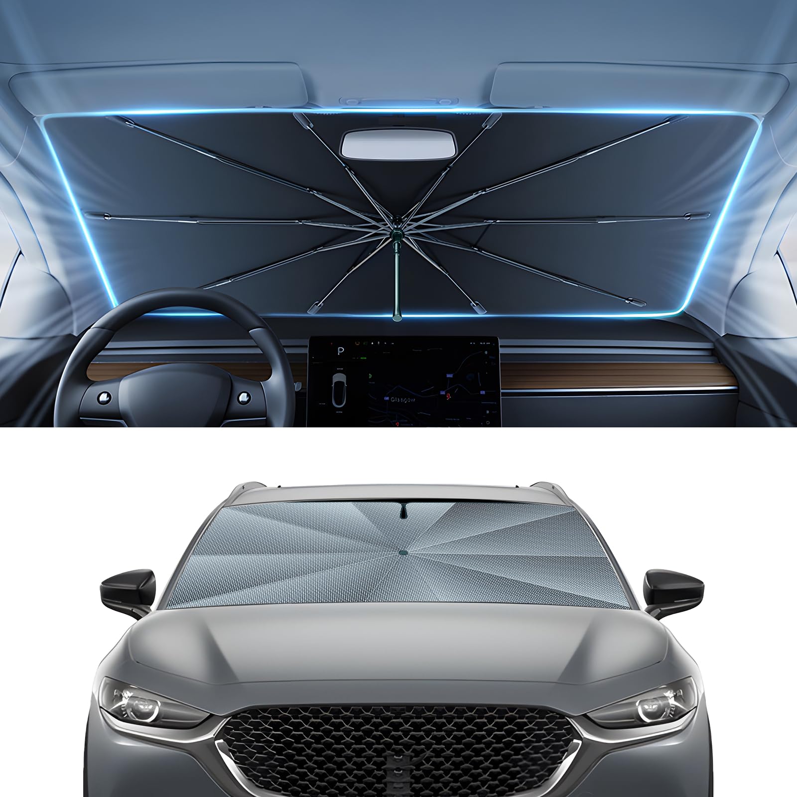 Autorder Windshield Sun Shade Umbrella for 2019-2025 2026 Mazda CX-30 CX30 Accessories,Upgraded Ice Crystal Material,Easy Setup Umbrella Sunshade for Car Windshield,100% Sun Blocking