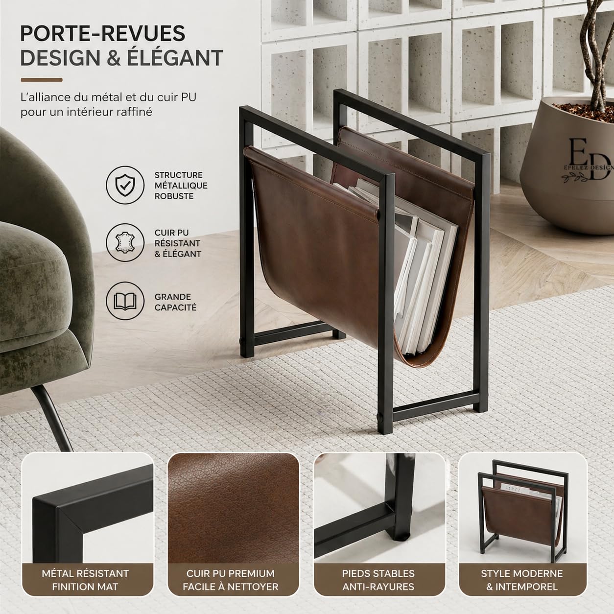 EMIDECO Porte-revues métal noir cuir marron foncé – Range magazines design moderne – Support journaux livres – Rangement gain de place salon bureau – Porte magazine élégant