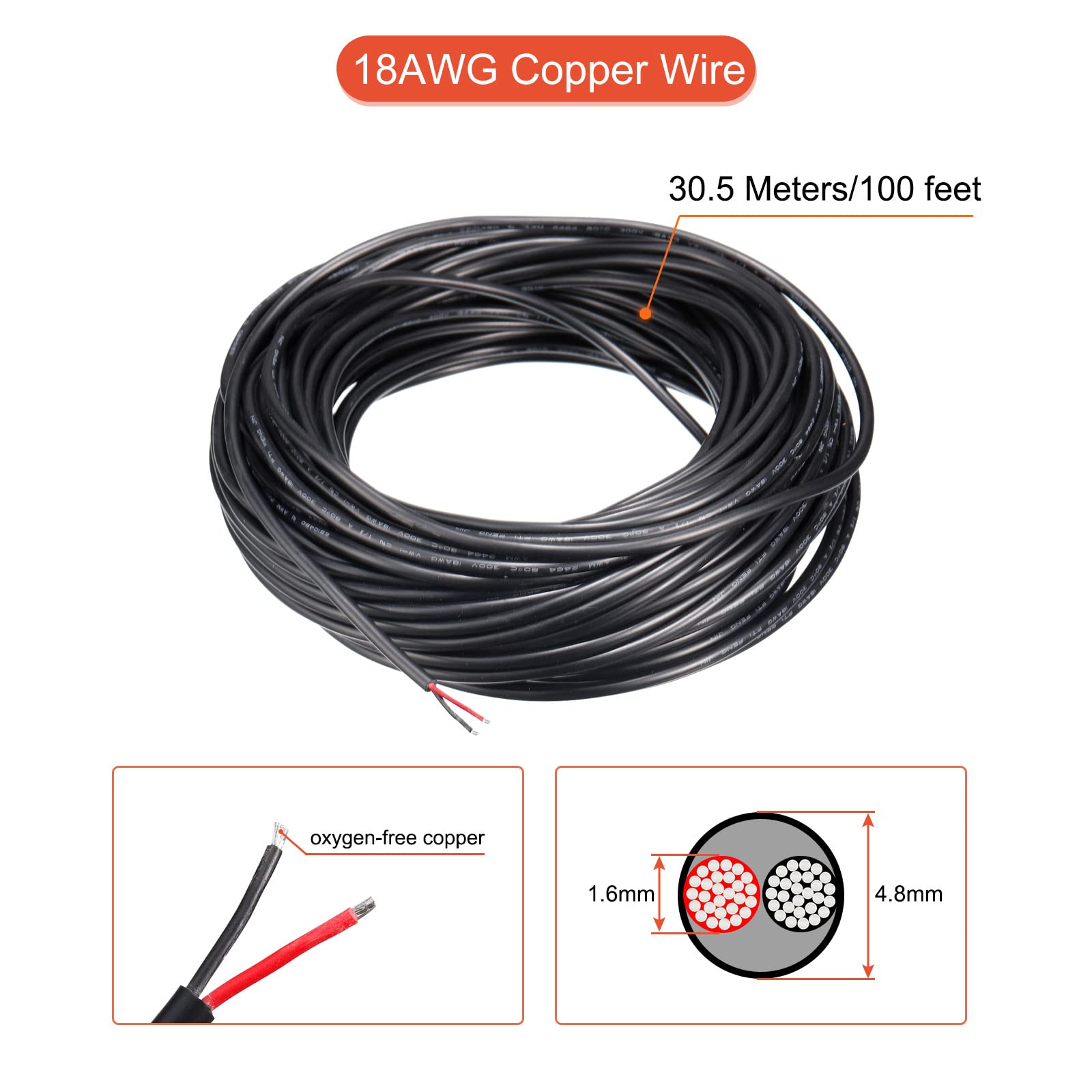 sourcing map Alimentación Cable 2 Conductor Eléctrico Cable 18AWG 100 Pies 30,5 Metros UL2464 Eléctrico Cable PVC Cordón Cobre Cable para LED Tiras Lámparas Iluminación