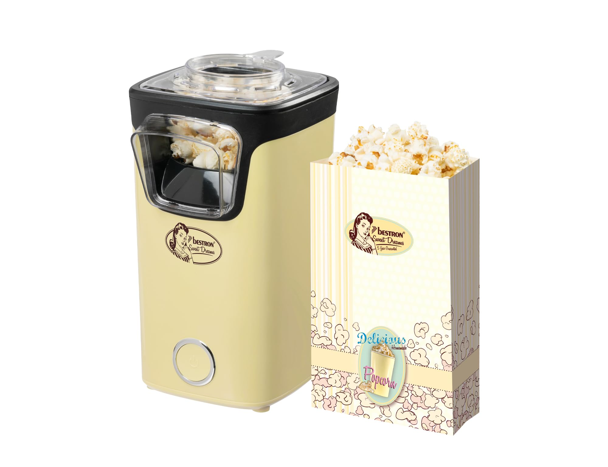 Bestron Palomitero, Turbo-Palomitas en menos de 2 minutos, con tecnología de aire caliente, incluye 10 bolsas de palomitas y taza medidora integrada, colección Sweet Dreams, Color: Amarillo