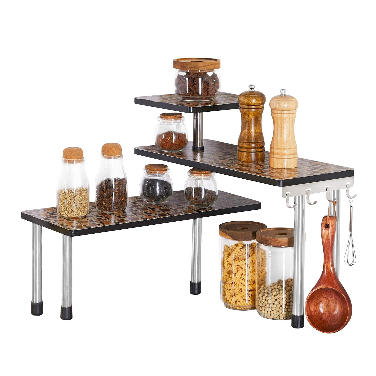 HYNAWIN 3-Tier Countertop Shelf,Desktop Storage and Organization,Bamboo Corner Shelf Over the Table With Printed Pattern-Adjustable Rack with Double Legs for Kitchen,Bed Room, Office