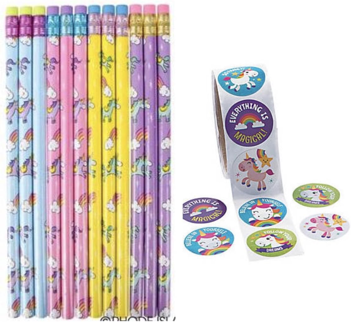 Pretty Unicorn Pencils & Stickers - Party Favors - Classroom Giveaways - Teacher Rewards - Pastel (24)