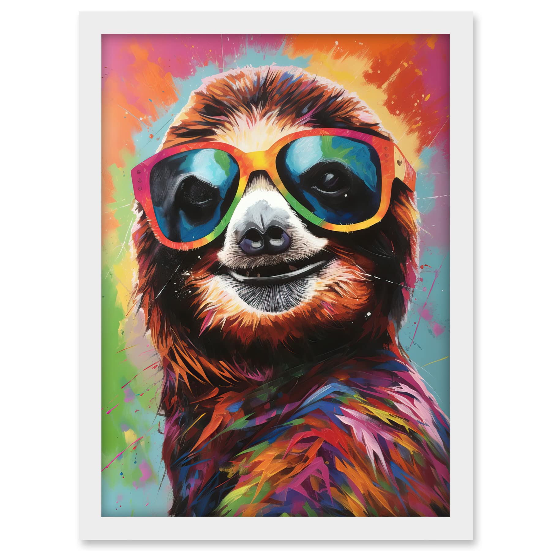 Artery8 Multicoloured Smiling Sloth Wearing Sunglasses Artwork Framed A3 Wall Art Print