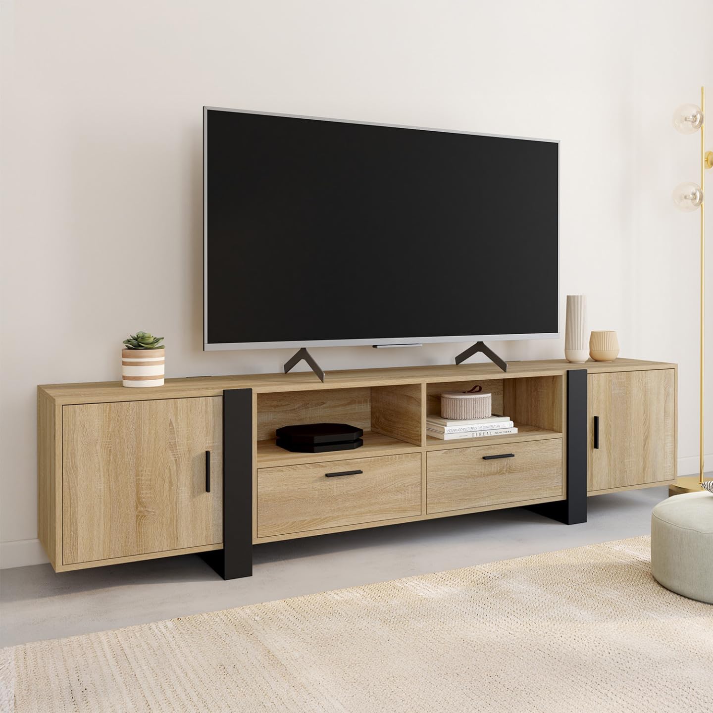 IDMarket - Meuble TV 200 cm Phoenix 2 Portes 2 tiroirs Bois et Noir