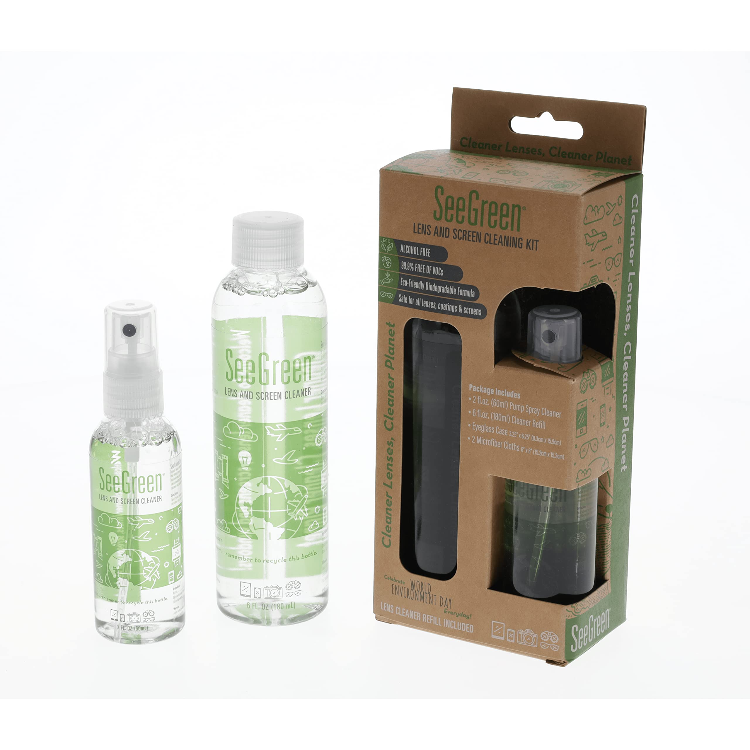 SEEGREEN Lens and Screen Cleaning KIT | Eyeglass, Sunglass and Screen Cleaner | 2oz Spray CLEANER/6oz Refill, (2) Microfiber Cleaning Cloths and (1) SLIPCASE | 8oz Care KIT