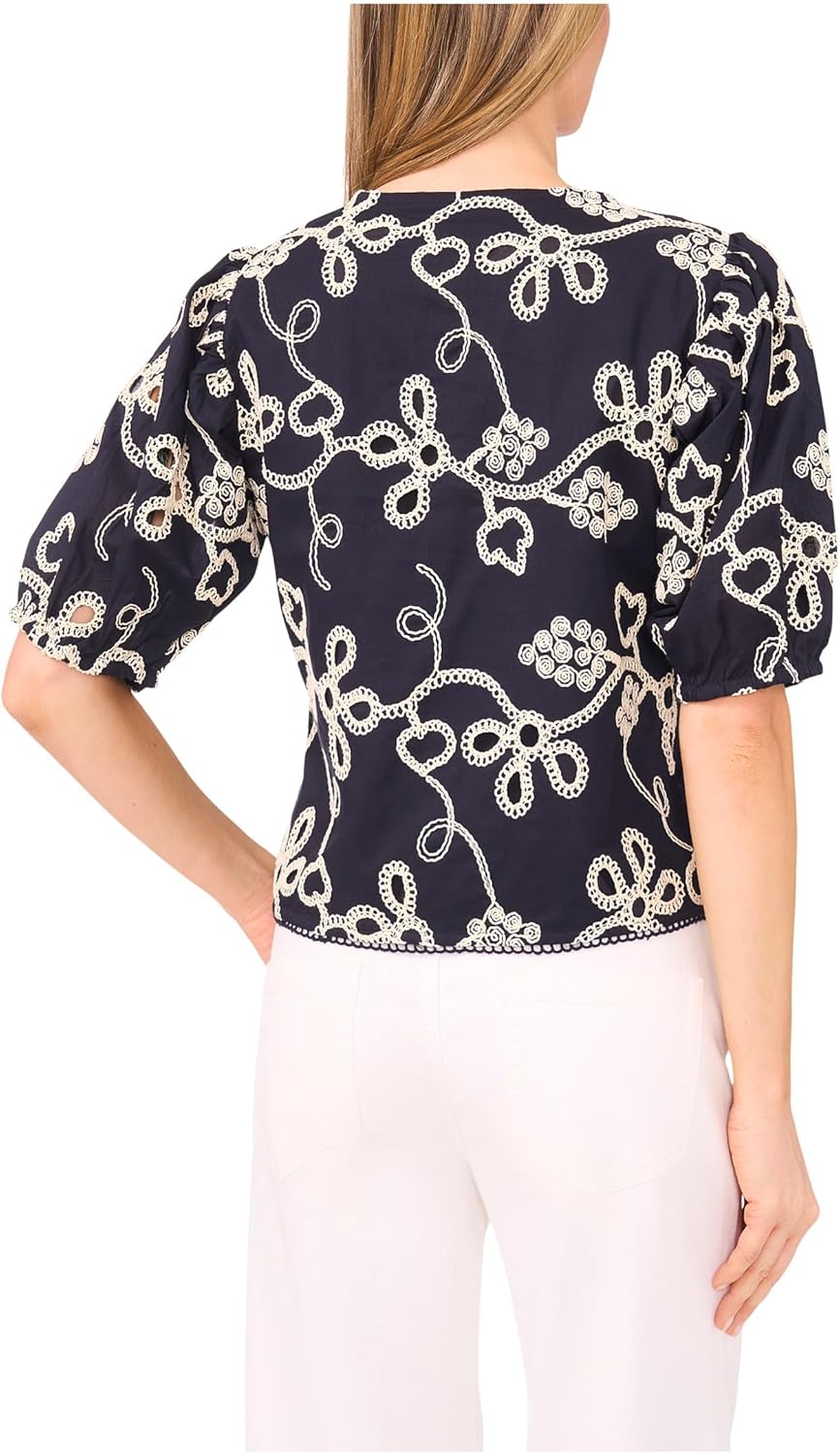 CeCe Women's Embrodiery Short Sleeve Open Tie Front Top - Image 2