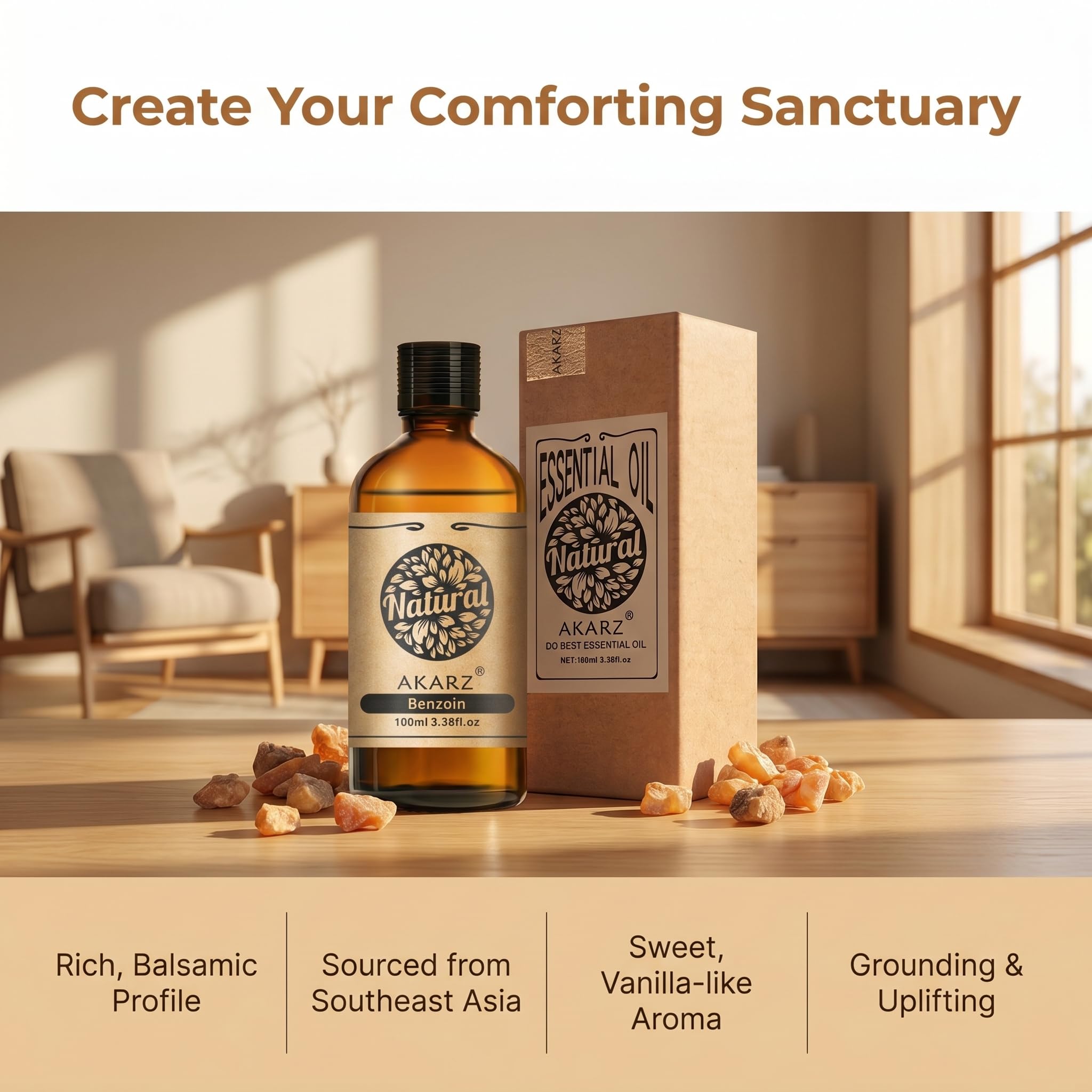 AKARZ 100ml Olejek esencjny z Benzoiny - Naturalny olejek aromatyczny do dyfuzorów, lamp aromatycznych i aromatów pomieszczeń
