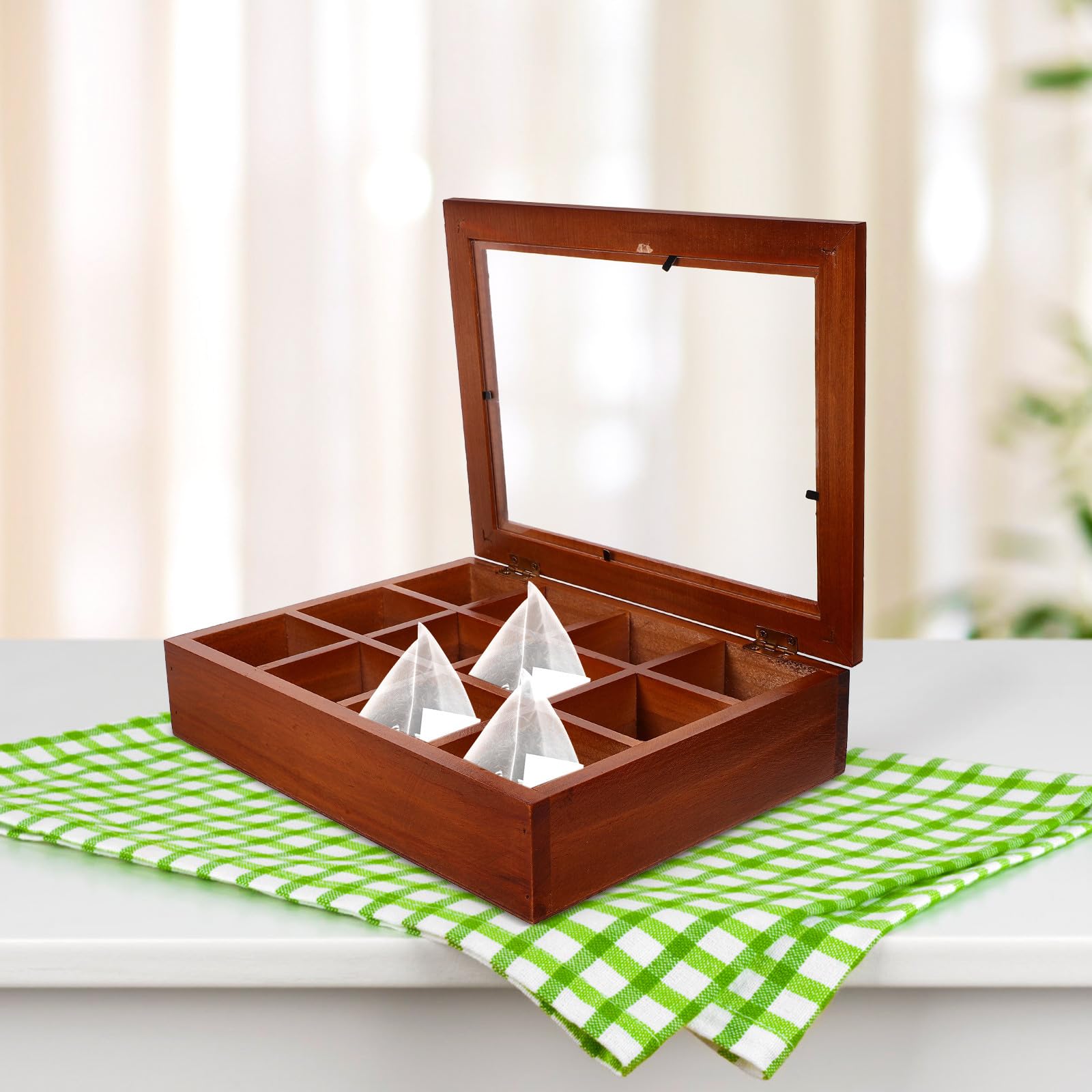 Caja de Almacenamiento de Madera Marrón con 12 Compartimentos para Bolsitas de Té, Diseño Elegante y Portátil para Área de Comedor y Decoración del Hogar