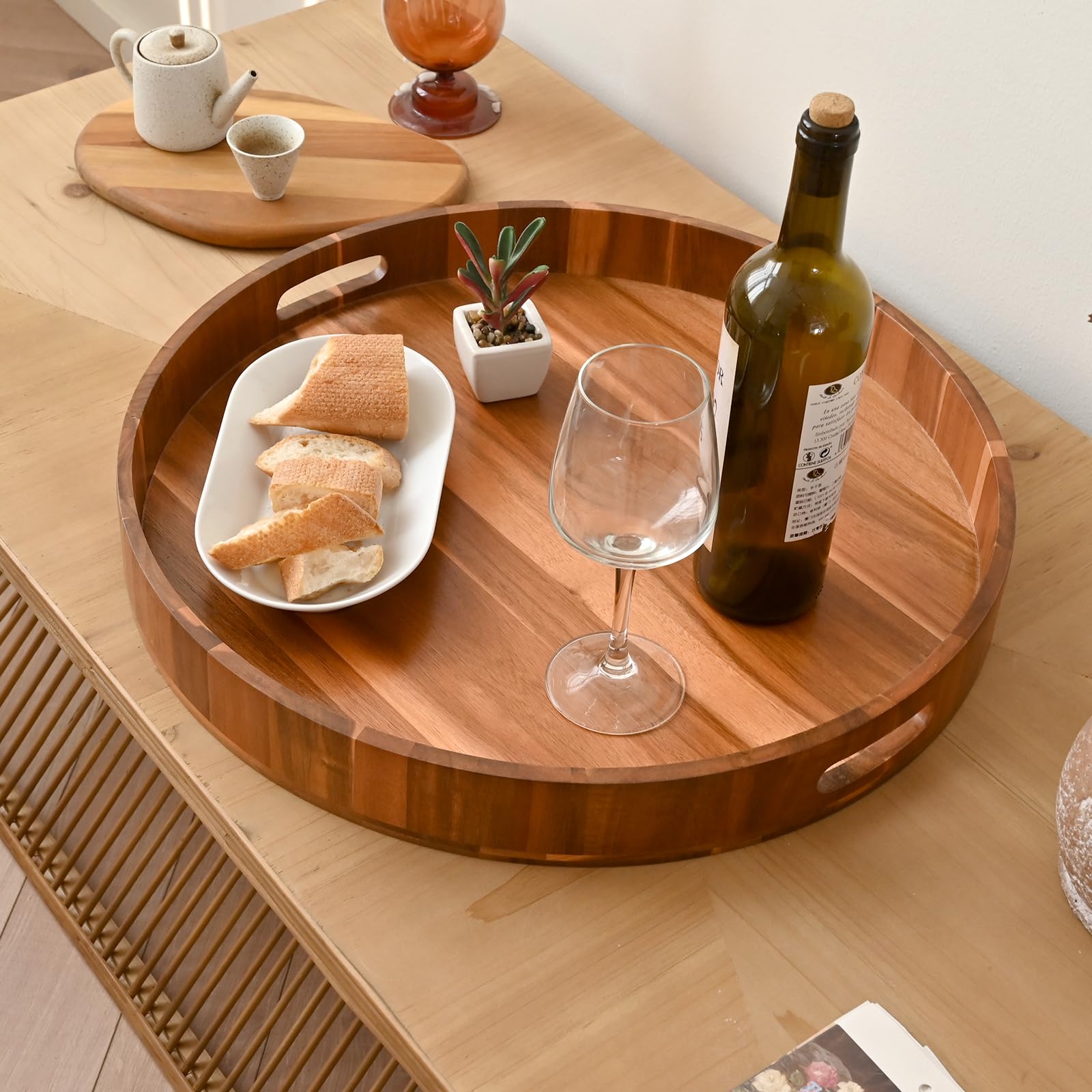 20 Inch Extra Large Round Serving Tray HeavyDuty Acacia Wood Tray for Oversized Ottoman Coffee Table and Counter Giant Decorative Organizational Tray Extensive Kitchen Serveware