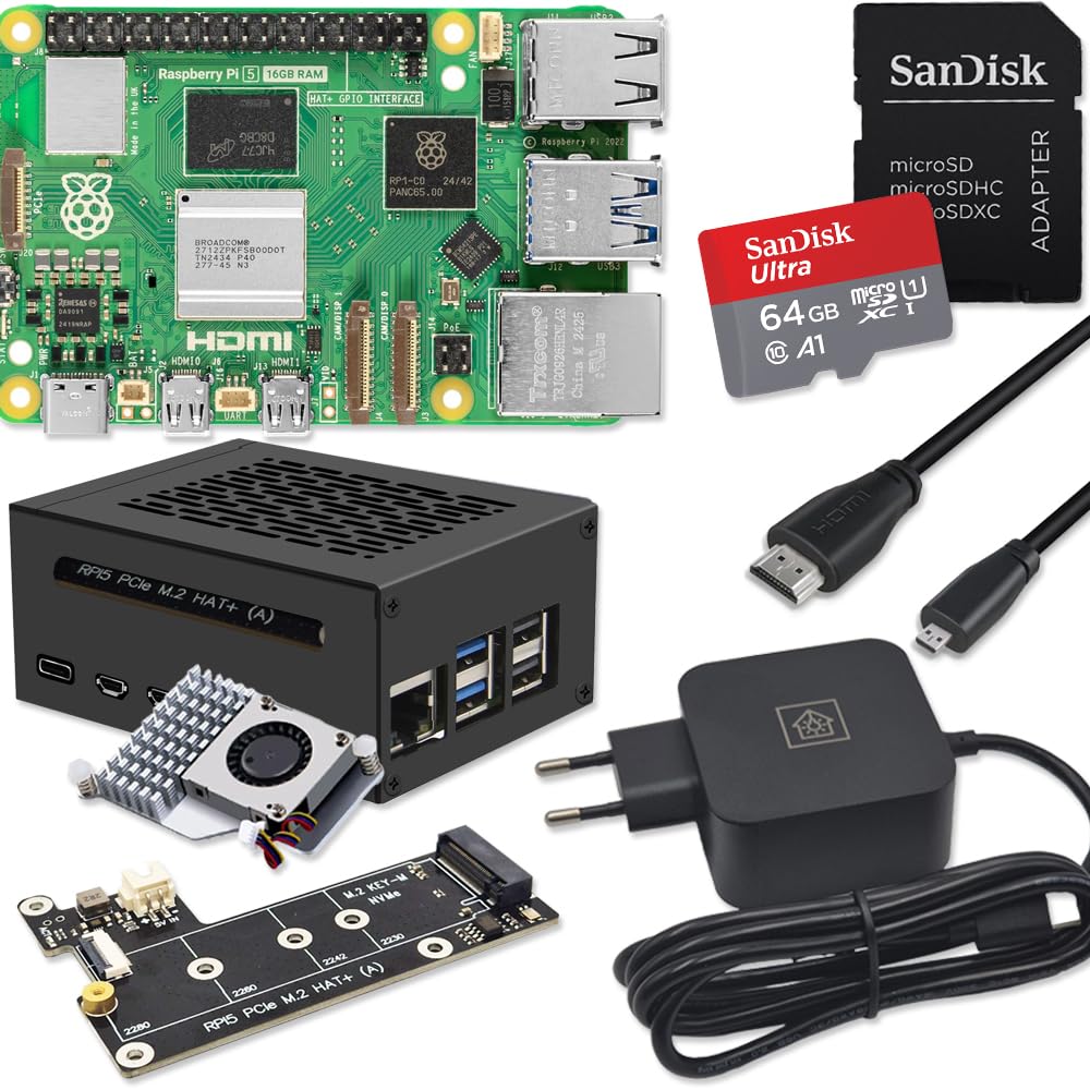 Raspberry Pi 5 16 GB PCIe M.2 NVMe – Kit | Carcasa de metal | Active Cooler | M.2 NVMe SSD PCIe Board | Fuente de alimentación USB-C de 45 W | Tarjeta SD de 64 GB | Cable Micro HDMI 4K | Ideal para