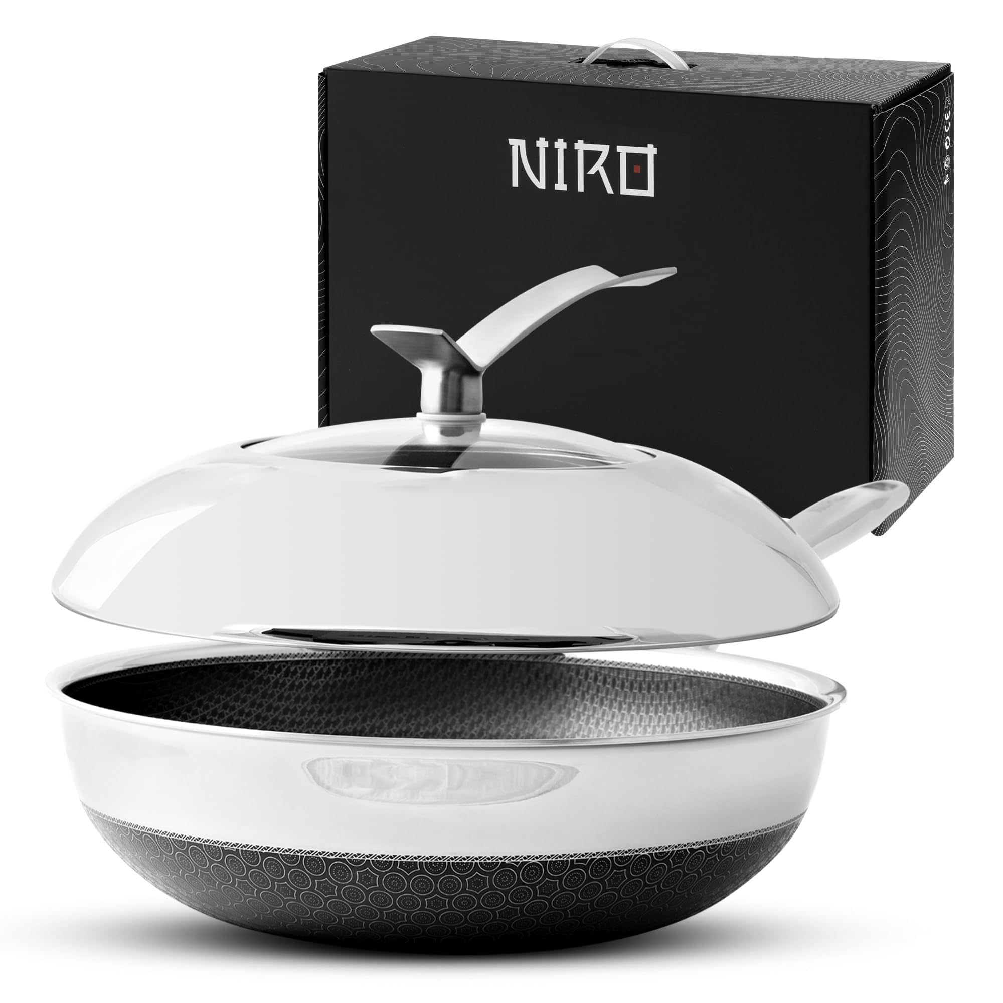 NIRO Wok Antiaderente Triplo Strato (Acciaio Inox + Alluminio) Ø26cm, COPERCHIO INCLUSO, Antigraffio, NO PFOA, Per Piano Cottura Induzione, Ceramica, Elettrico, Gas, Forno, Manico Anti Scottatura