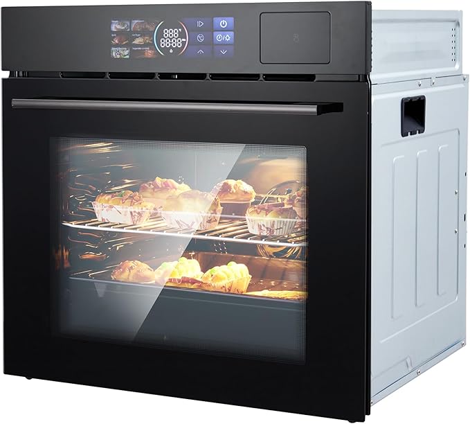 24" Built-in Electric Wall Oven, 2.5Cu.ft Capacity 3000W Single Wall Oven with Large View Window, Steam &Grill Oven 2 in1,8 Cooking Functions, 3D Surround Heating, Colorful LED Screen, Black