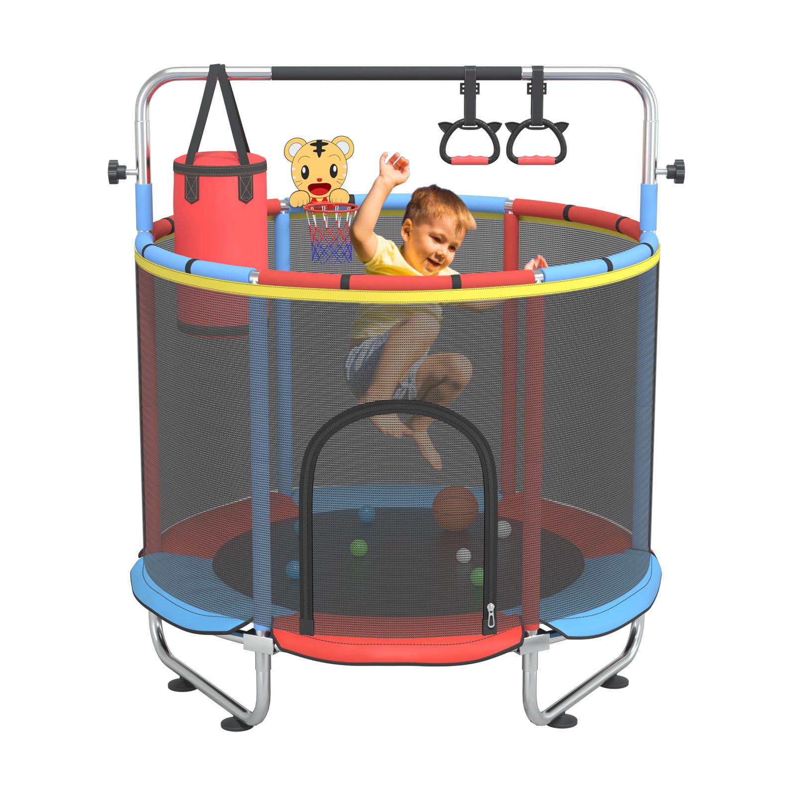 Cobinery 60" Trampoline for Kids, 500lbs Capacity Indoor Outdoor Toddler Trampoline with Adjustable Gymnastics Bar, Gifts for Boy Girl Age 1-8