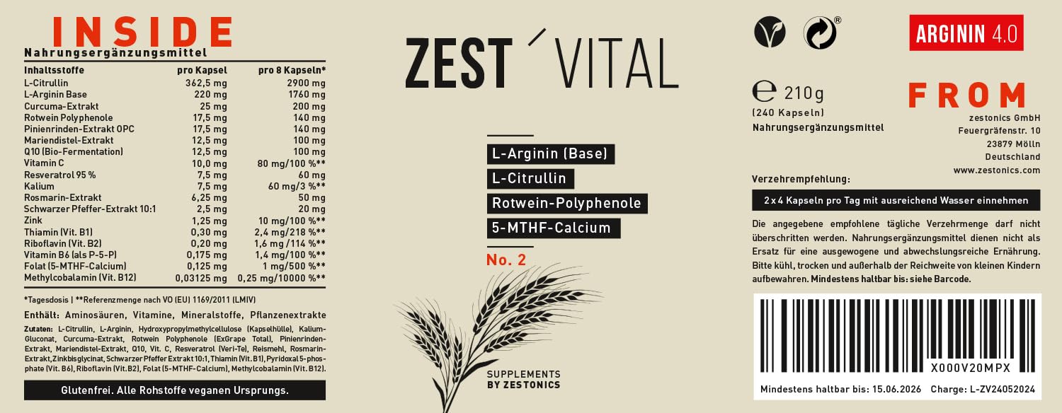 ZEST'VITAL Arginin 4.0 | L-Arginin Base, Citrullin | 240 Kapseln