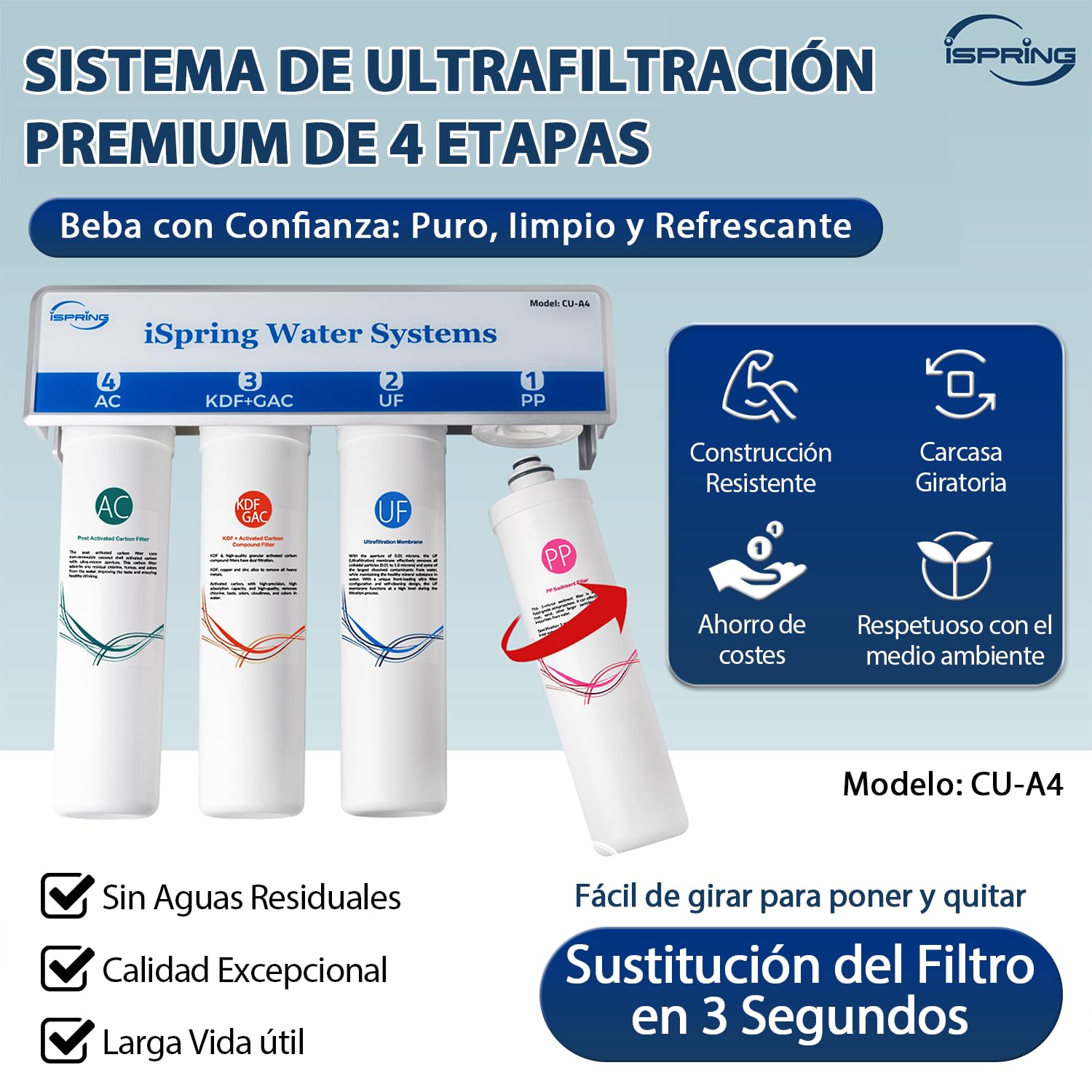 iSpring CU-A4 0.01μm Ultrafiltración Bajo el Fregadero, Sistema de Filtro de Agua, Sin Tanque, 4 Etapas, Alta Capacidad, Elimina el 99,99% de Contaminantes, Cambio Rápido, Filtro con Grifo de Cromo