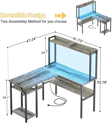 Miniatura 16 de Unikito Escritorio para juegos en forma de L con tira LED y tomas de corriente, escritorio reversible en forma de L con estantes de almacenamiento,