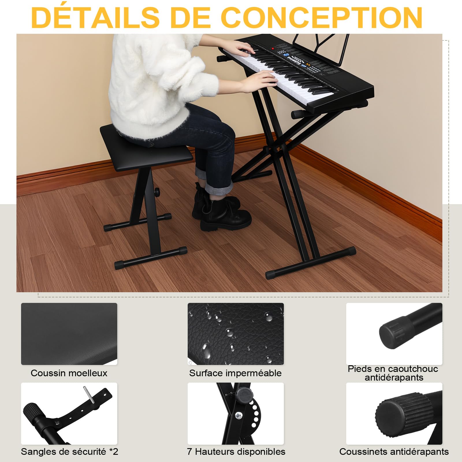 LEADZM Support de Clavier Double Forme X et Tabouret, Support de Piano Réglable en Hauteur sur 6 Niveaux, Tabouret de Piano Pliable pour Clavier, Piano Numérique, Synthétiseur