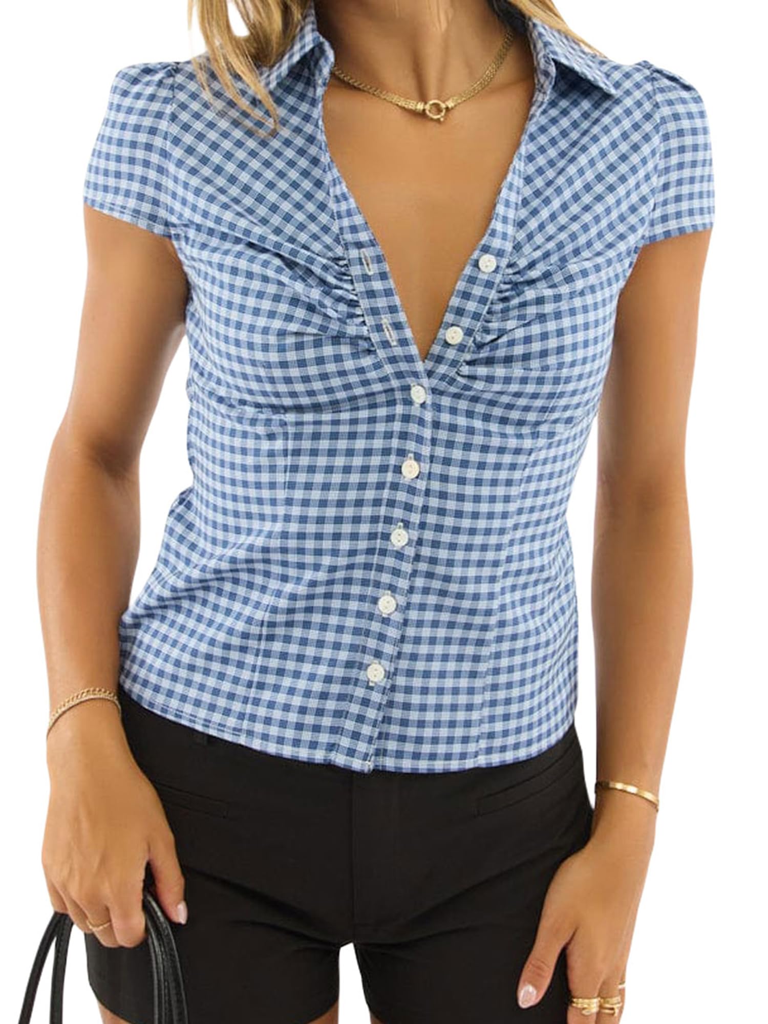 SANSIWU Womens Y2k Plaid Button Down Shirt Gingham Short Sleeve Collared Slim Fit Blouse Tops Casual Summer Tops Streetwear (B-Blue, L) โ image 1